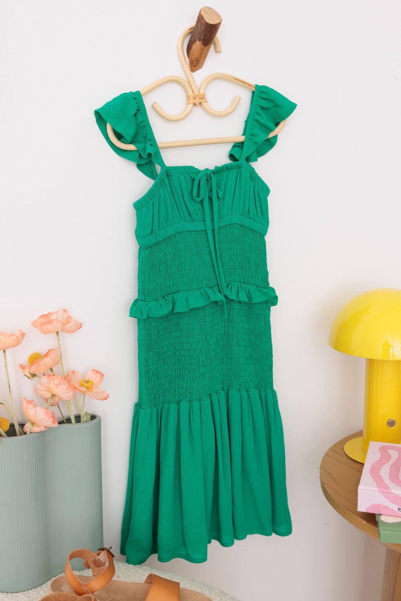 Girls Ruffle Sleeve Front Tie Ruched Ruffle Silhouette Dress - Tasha Apparel Wholesale