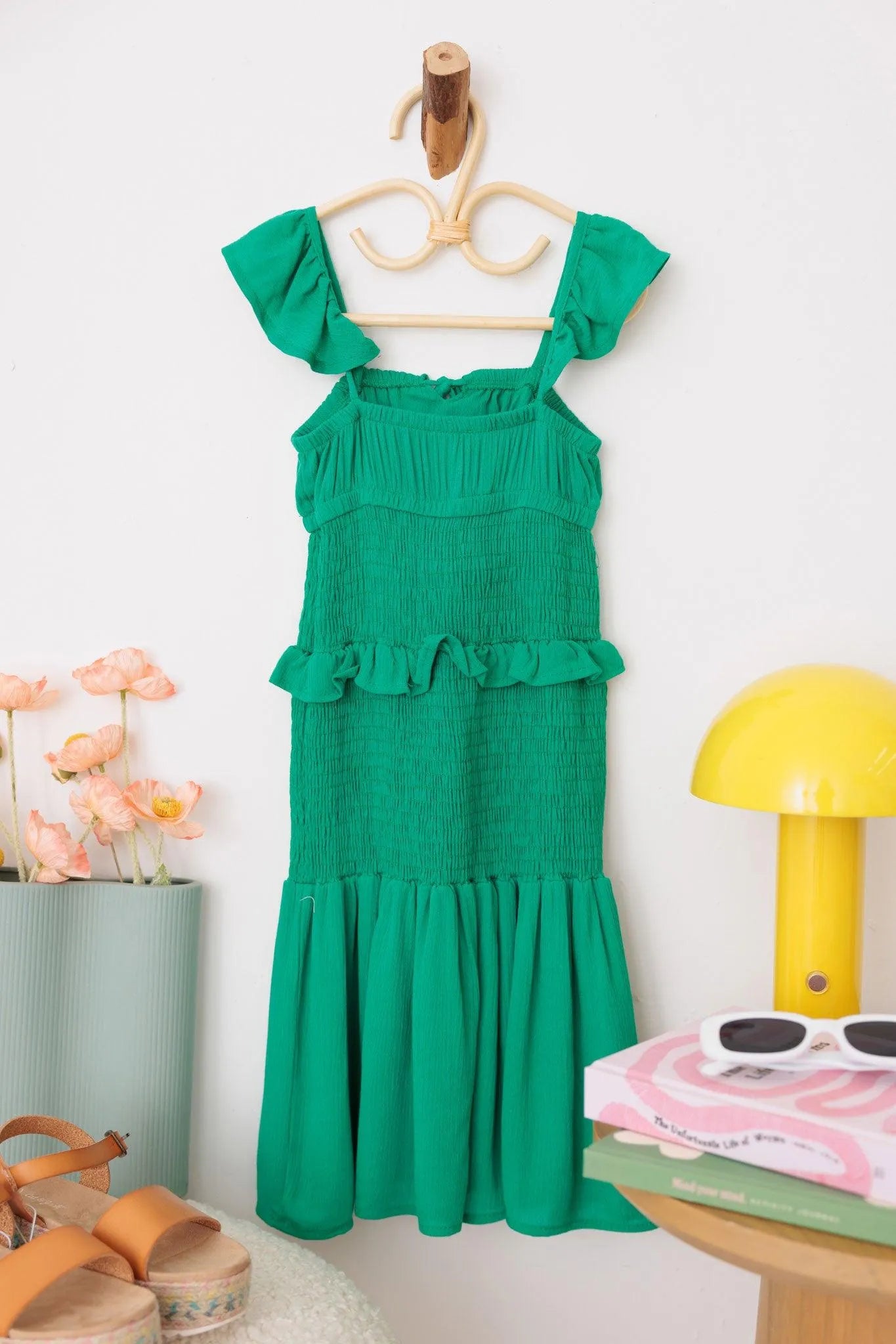 Girls Ruffle Sleeve Front Tie Ruched Ruffle Silhouette Dress - Tasha Apparel Wholesale