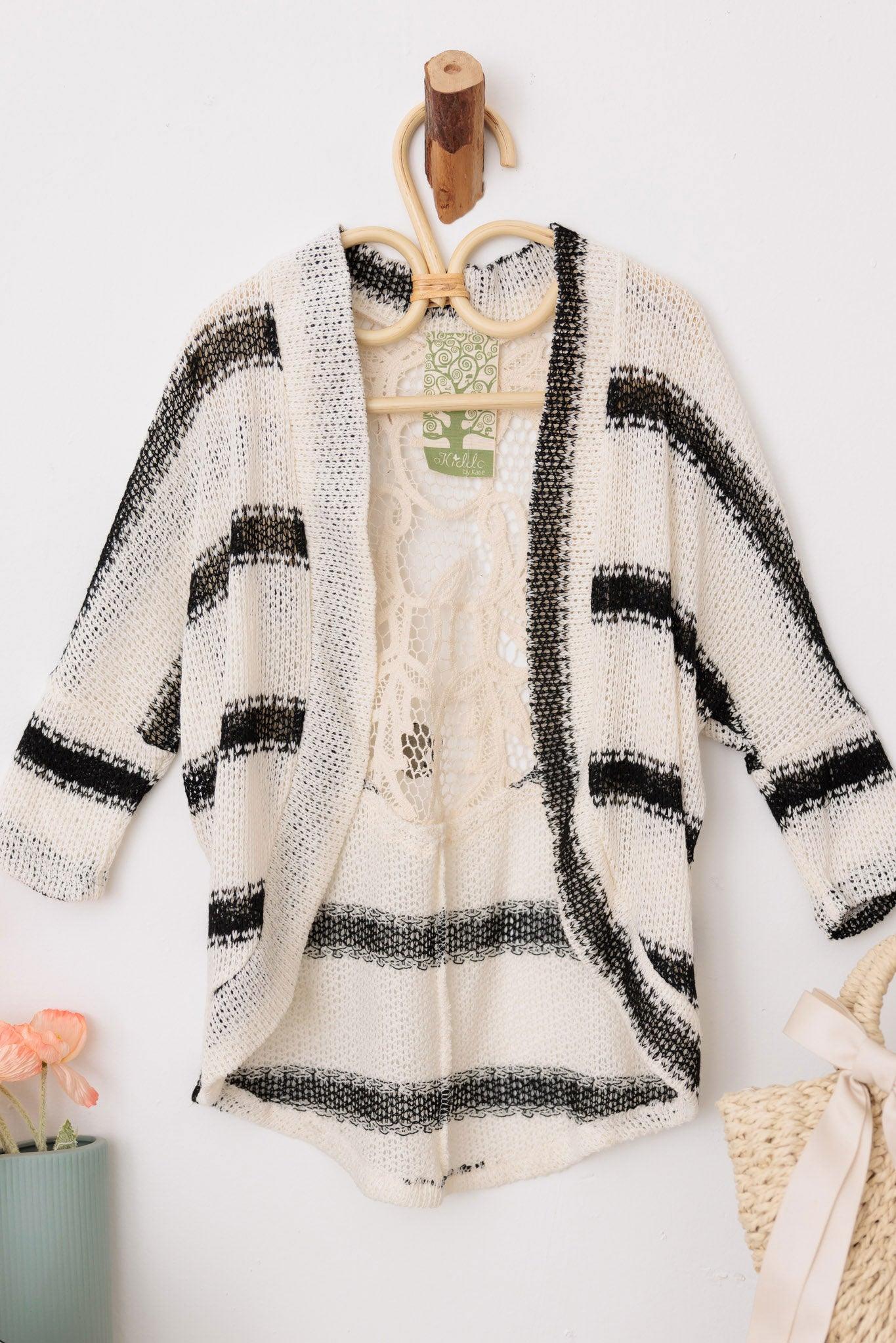 Girls Stripe Back Lace Long Sleeve Open Cardigan - Tasha Apparel Wholesale