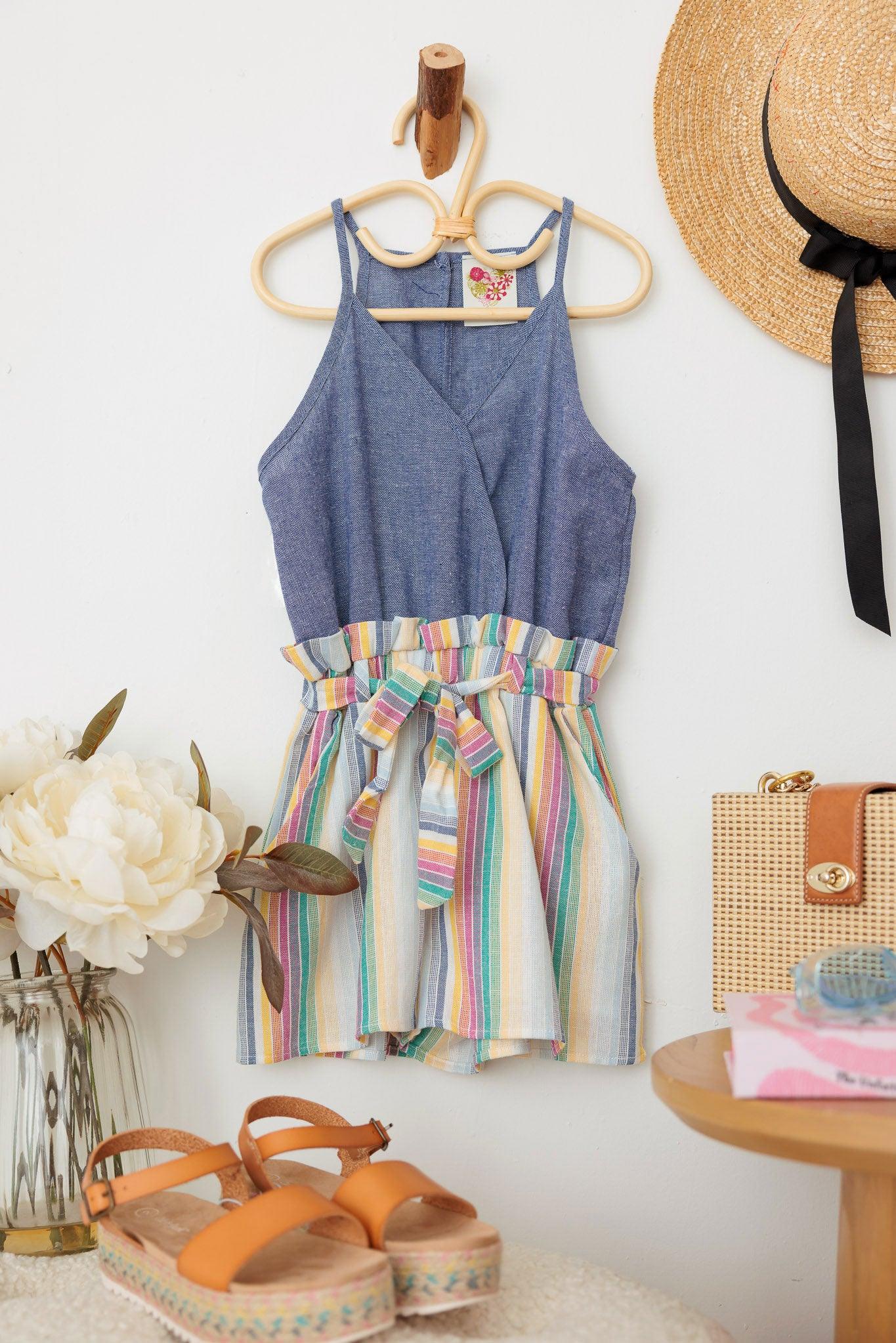Girls Blue Multi Color Wrap Front Tie Sleeveless Romper