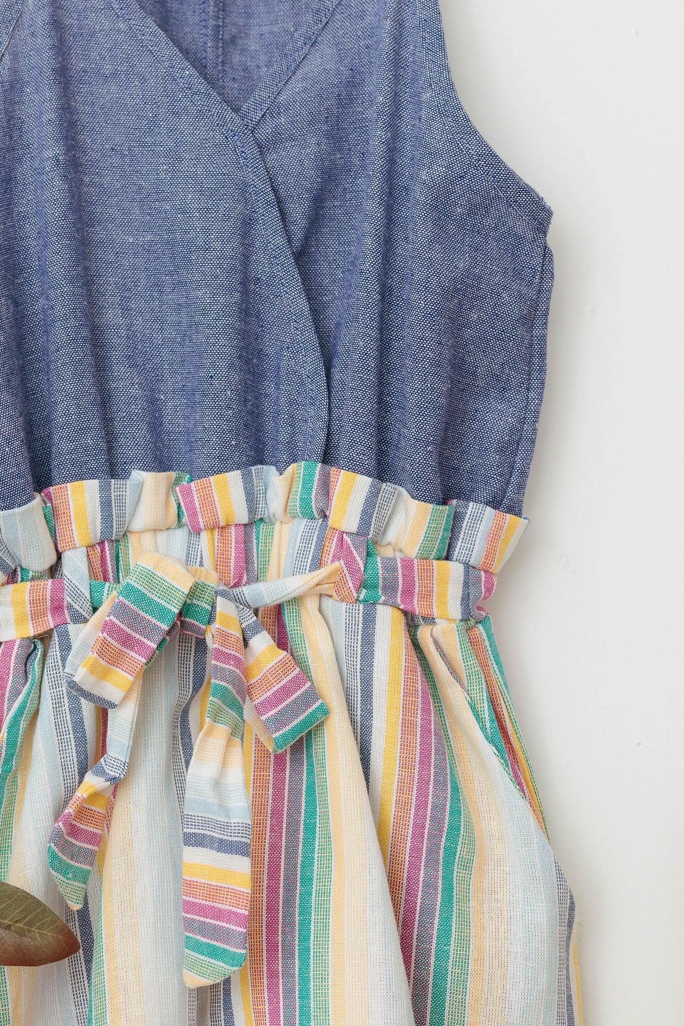 Girls Blue Multi Color Wrap Front Tie Sleeveless Romper - Tasha Apparel Wholesale