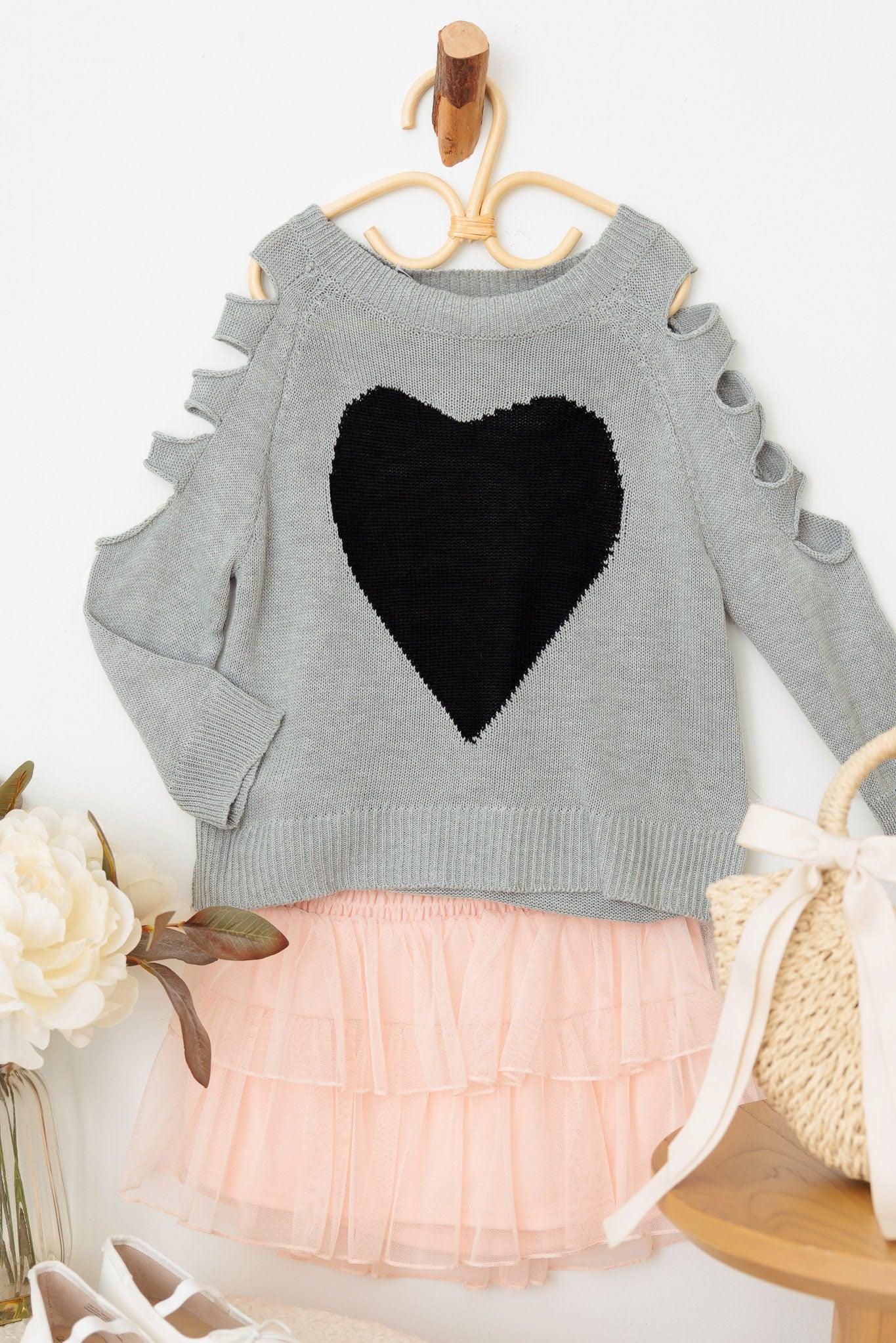 Girls Heart Print Cut-Out Sleeve Sweater