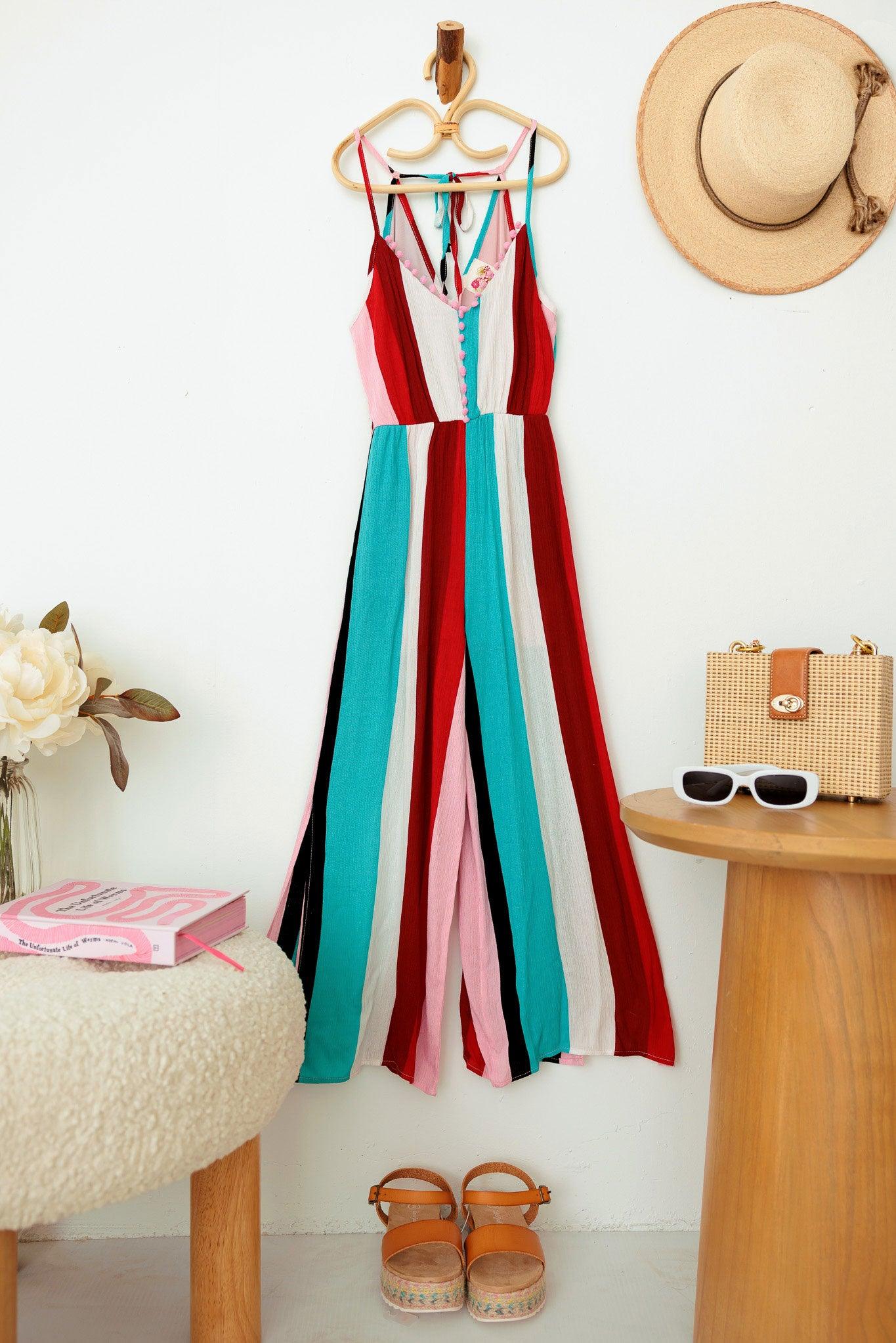 Girls Stripe Back Tie Pom Pom Sleeveless Jumpsuit - Tasha Apparel Wholesale