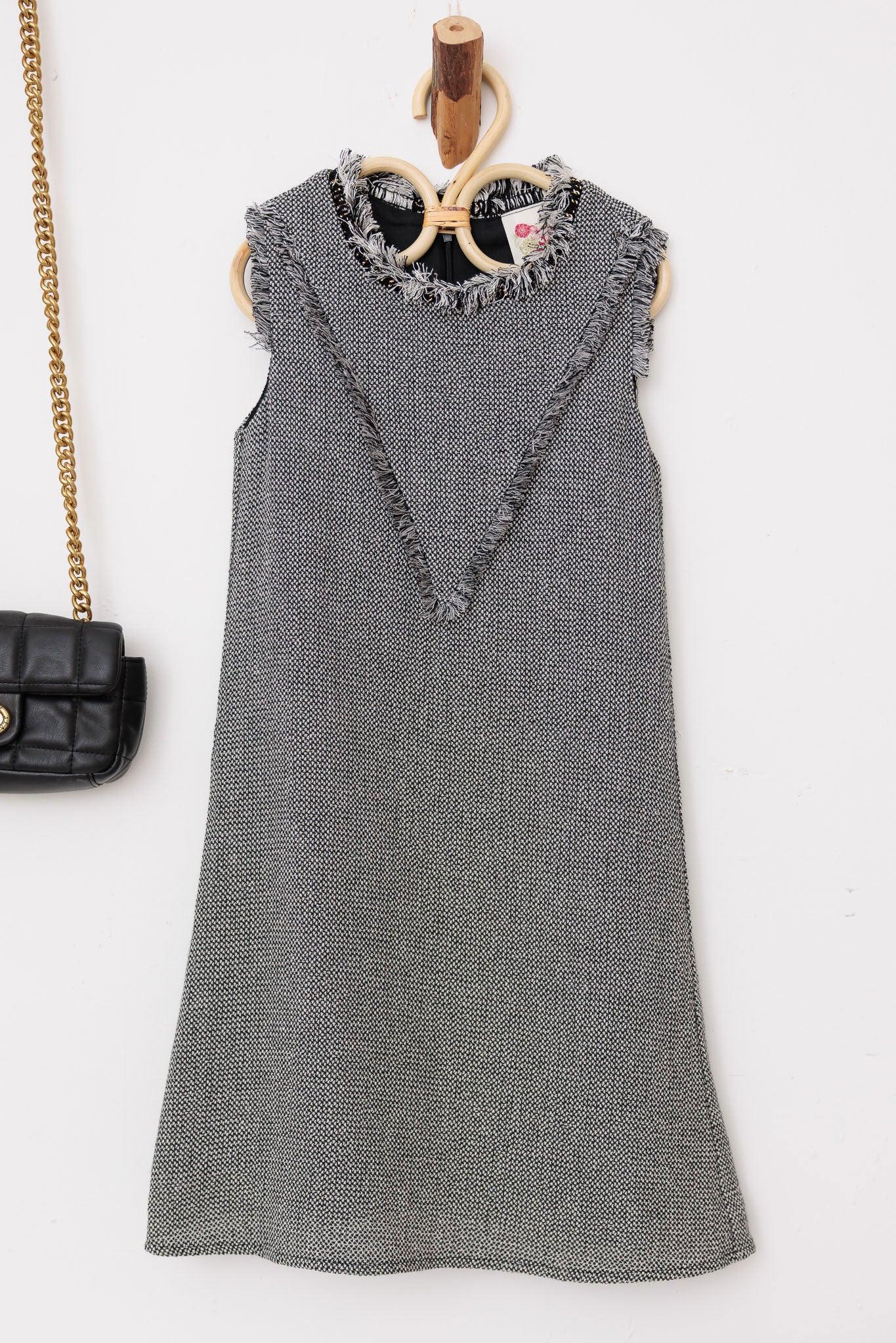 Girls Sleeveless Tweed Chain Neck-Line Fringe Dresses - Tasha Apparel Wholesale