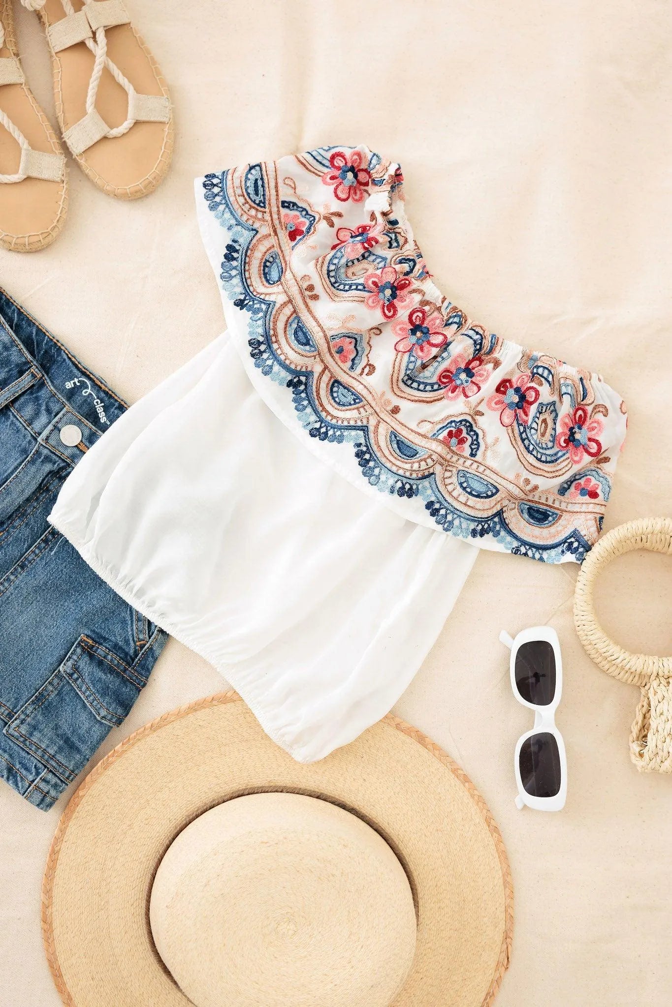 Girls Boho Floral Embroidered Off Shoulder Top - Tasha Apparel Wholesale