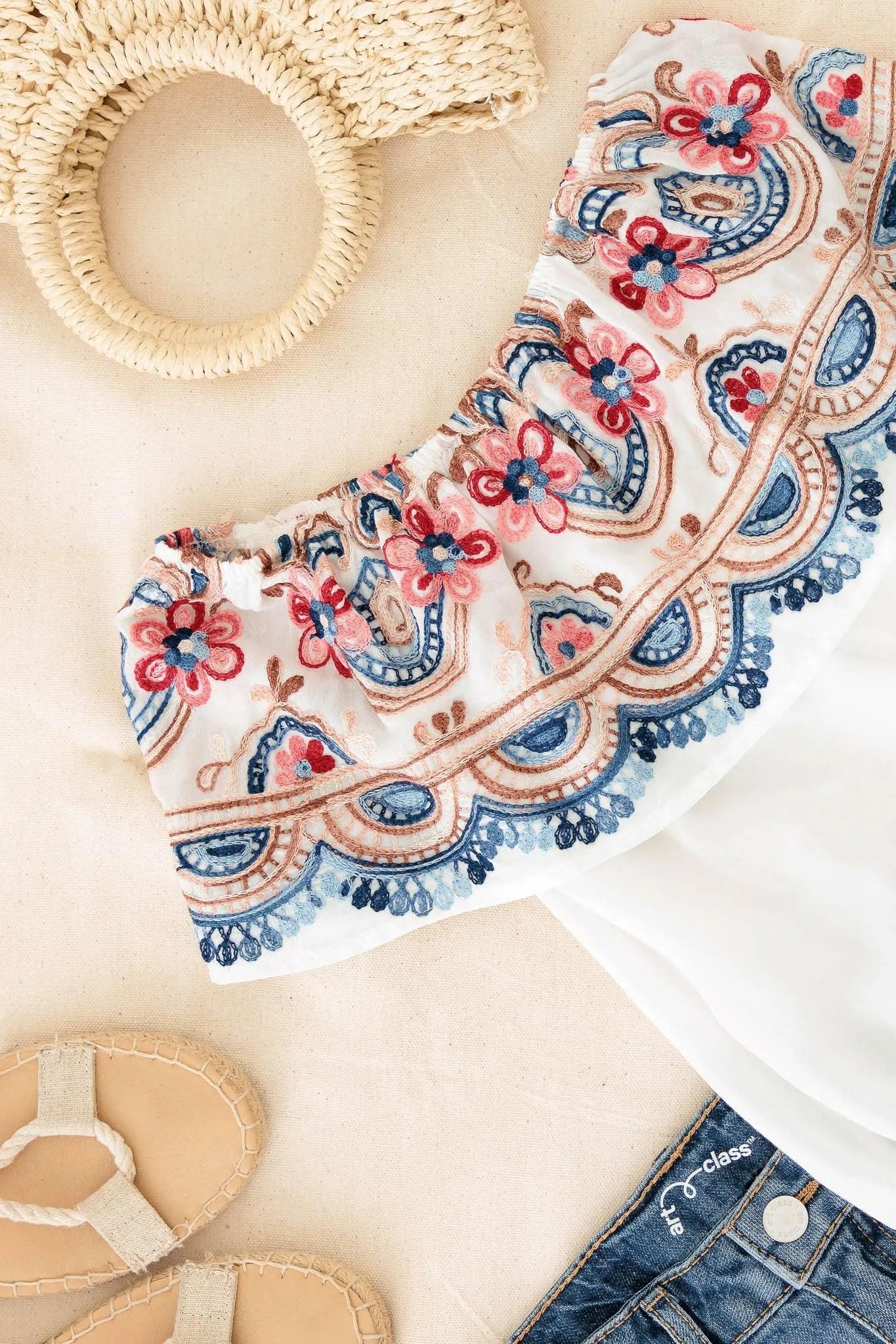 Girls Boho Floral Embroidered Off Shoulder Top - Tasha Apparel Wholesale