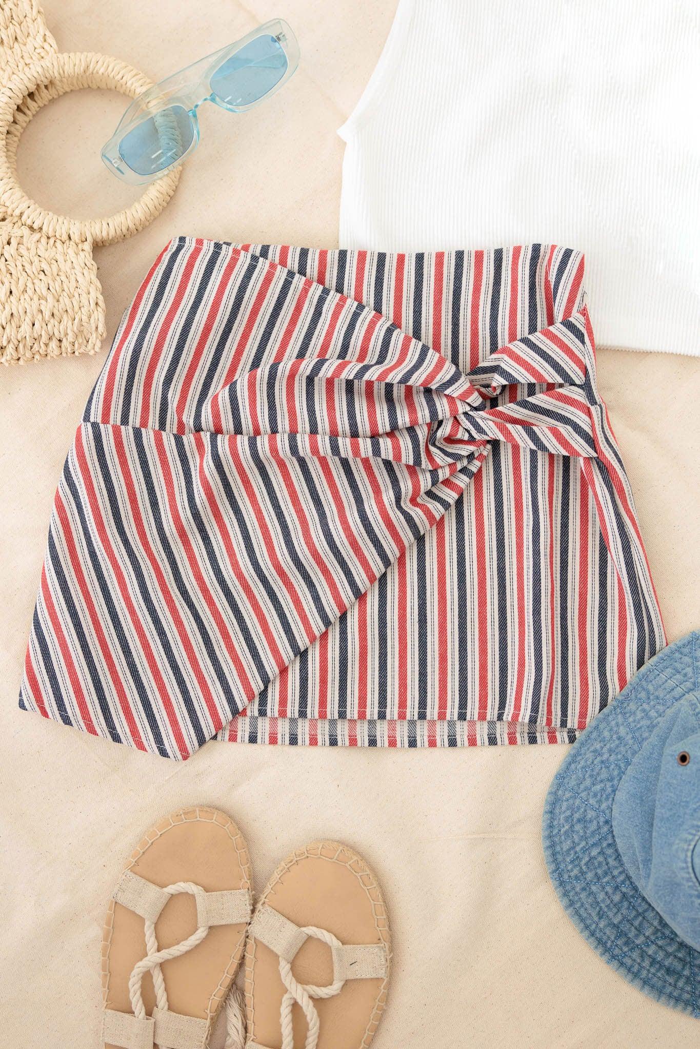 Girls Striped Vintage Wrap Side Twisted Tie Skort - Tasha Apparel Wholesale