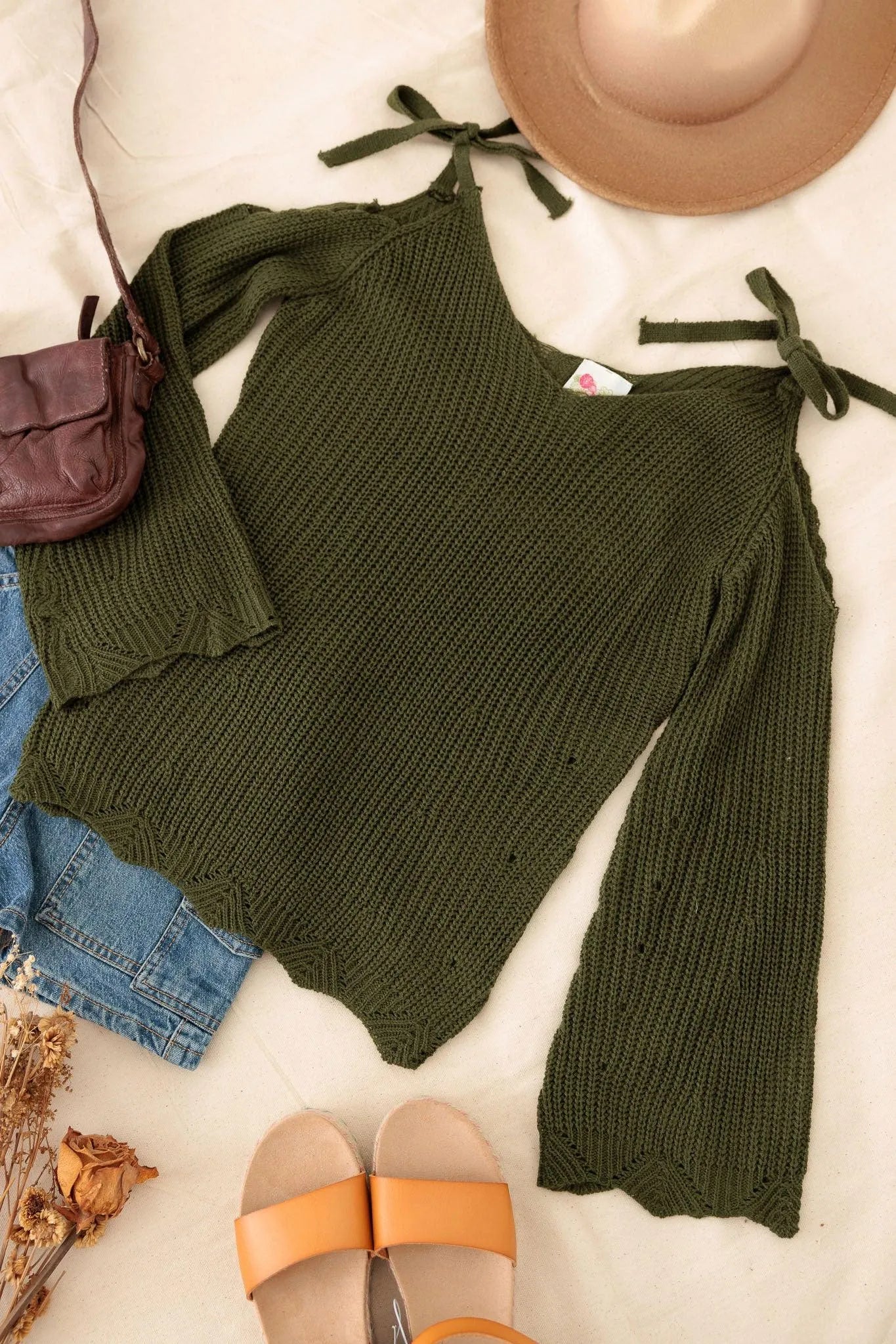 Girls Casual Solid Cold Shoulder Tie Sweater - Tasha Apparel Wholesale