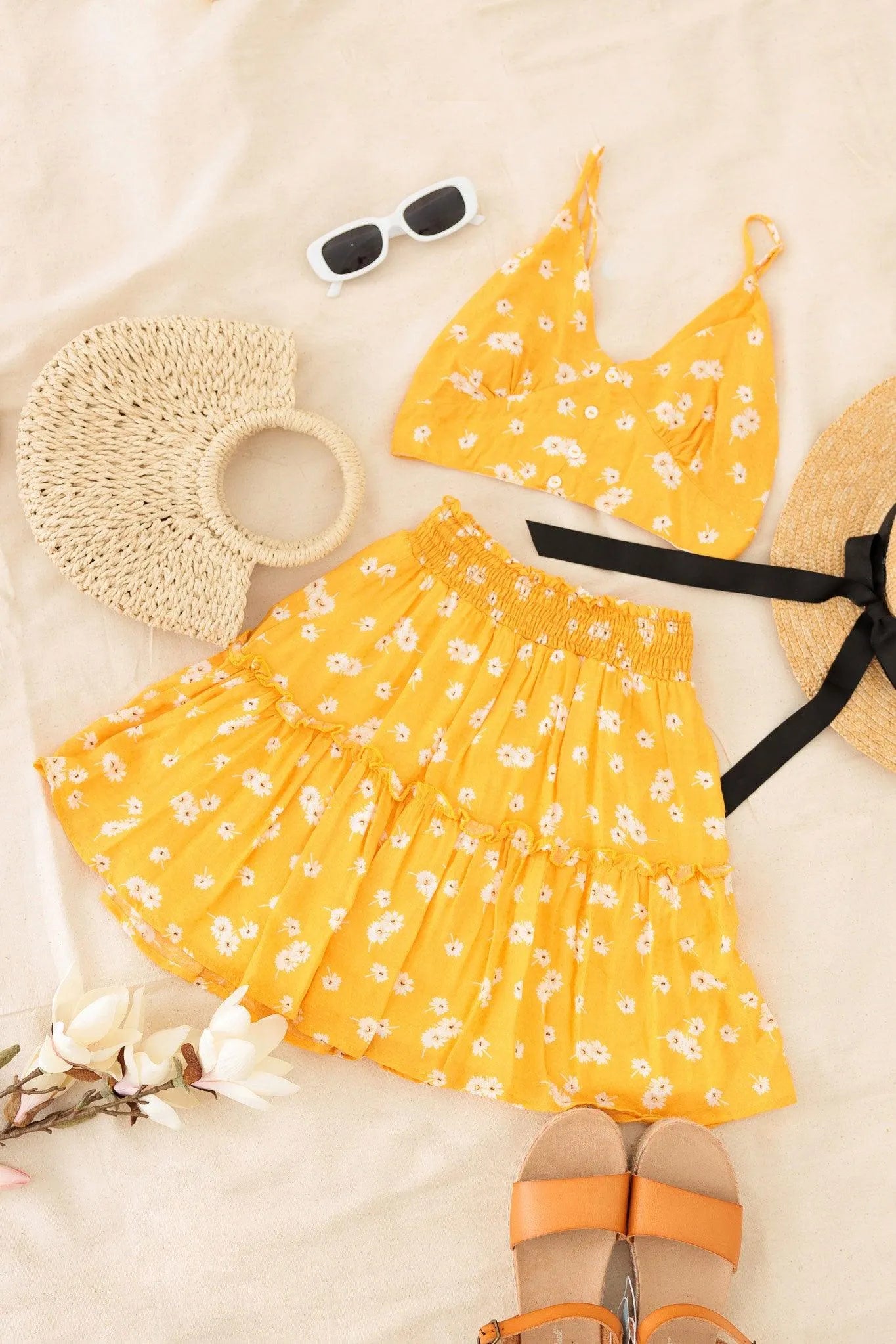 Girls Boho Floral Crop Sleeveless Top Ruffle Skirt Set - Tasha Apparel Wholesale