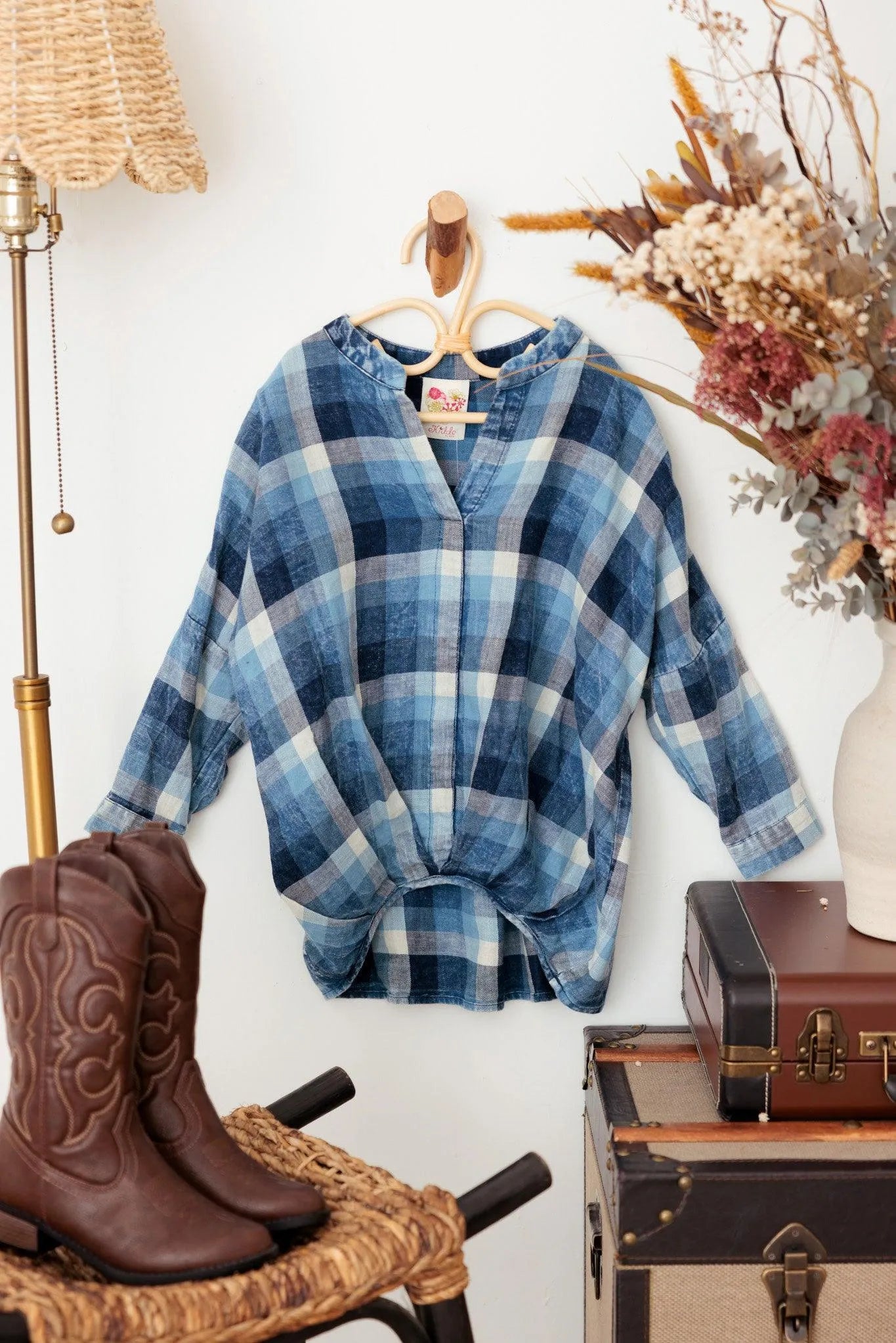 Girls Plaid 3/4 Sleeve Asymmetric Ruffle Back Top - Tasha Apparel Wholesale
