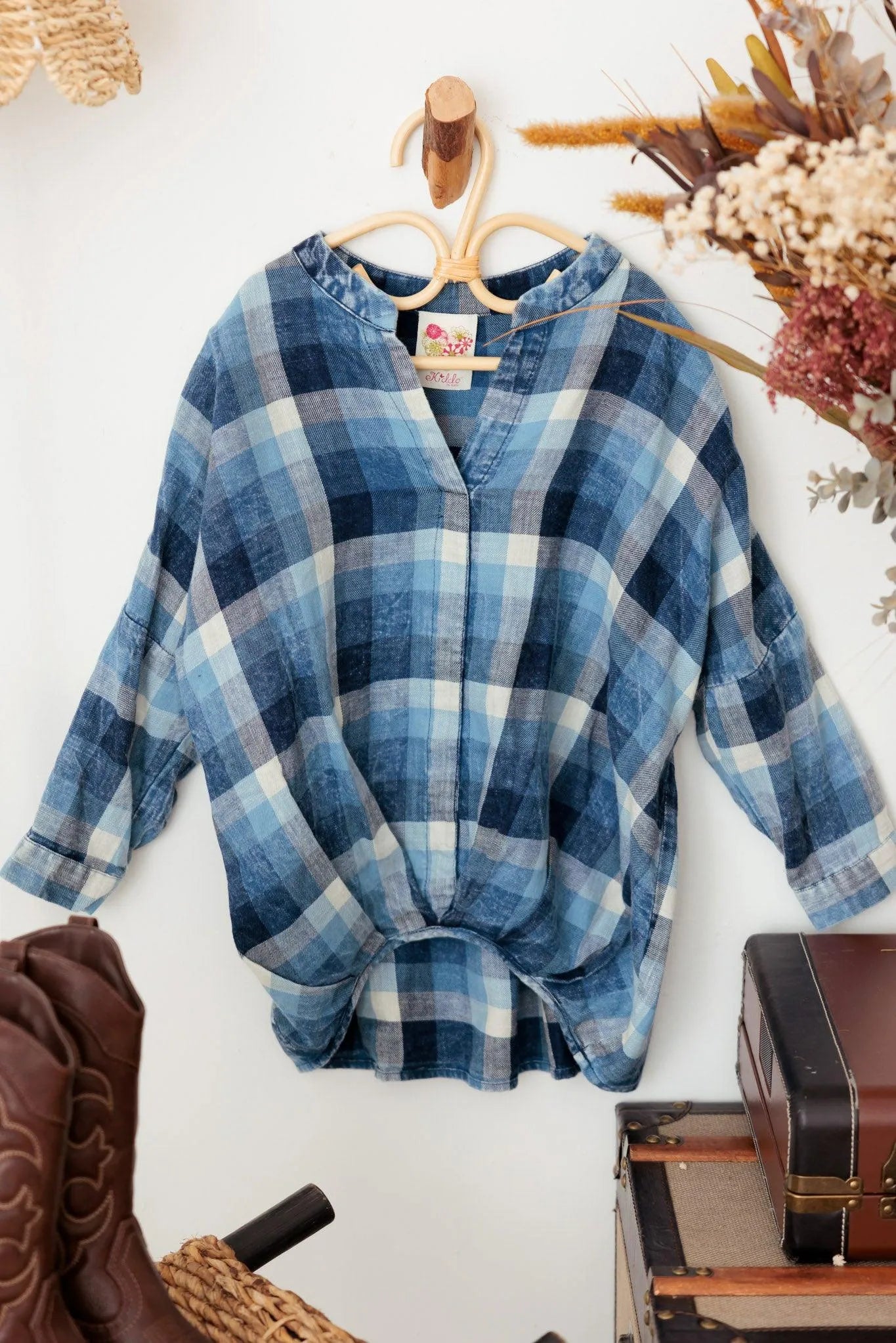 Girls Plaid 3/4 Sleeve Asymmetric Ruffle Back Top - Tasha Apparel Wholesale