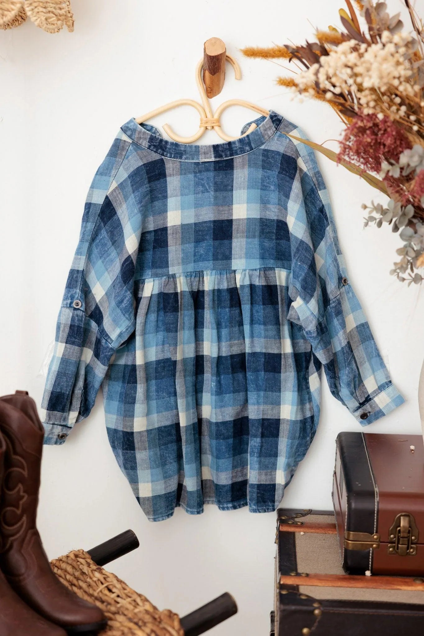 Girls Plaid 3/4 Sleeve Asymmetric Ruffle Back Top - Tasha Apparel Wholesale