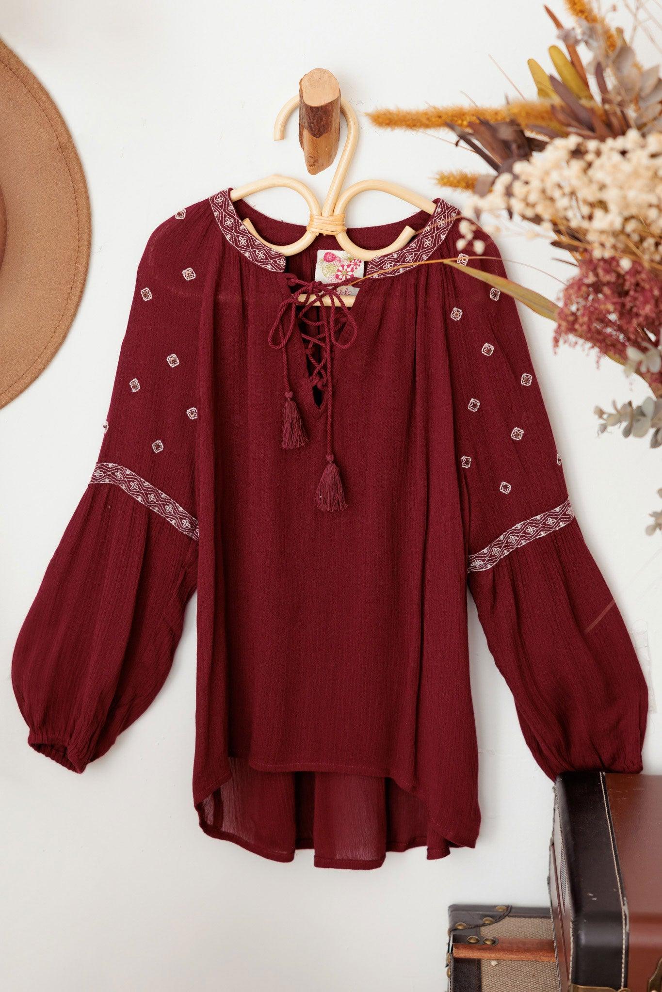 Girls Ethnic Boho Embroidered Front Tie Top