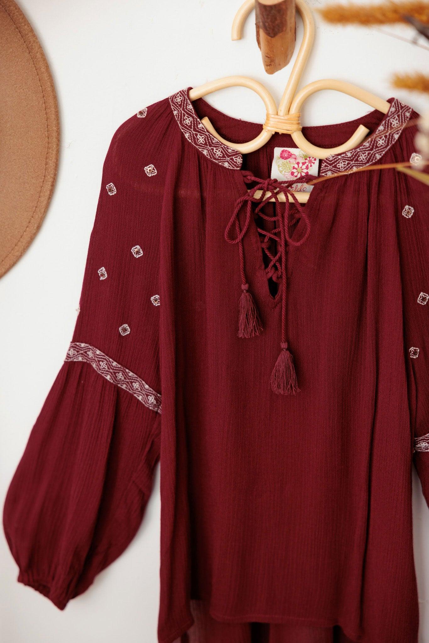 Girls Ethnic Boho Embroidered Front Tie Top