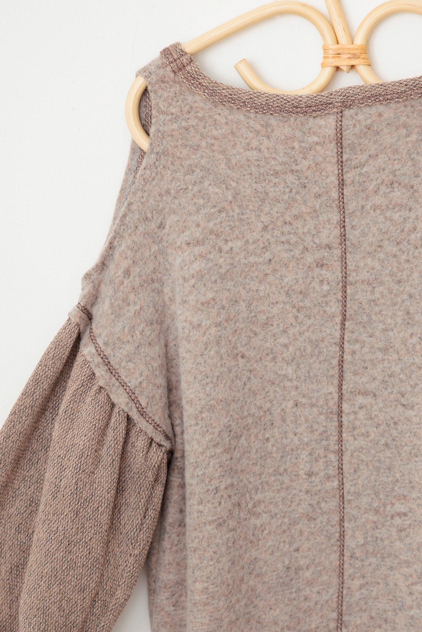 Girls Cold Shoulder Textured Ballon Sleeve Soft Sweater - Tasha Apparel Wholesale