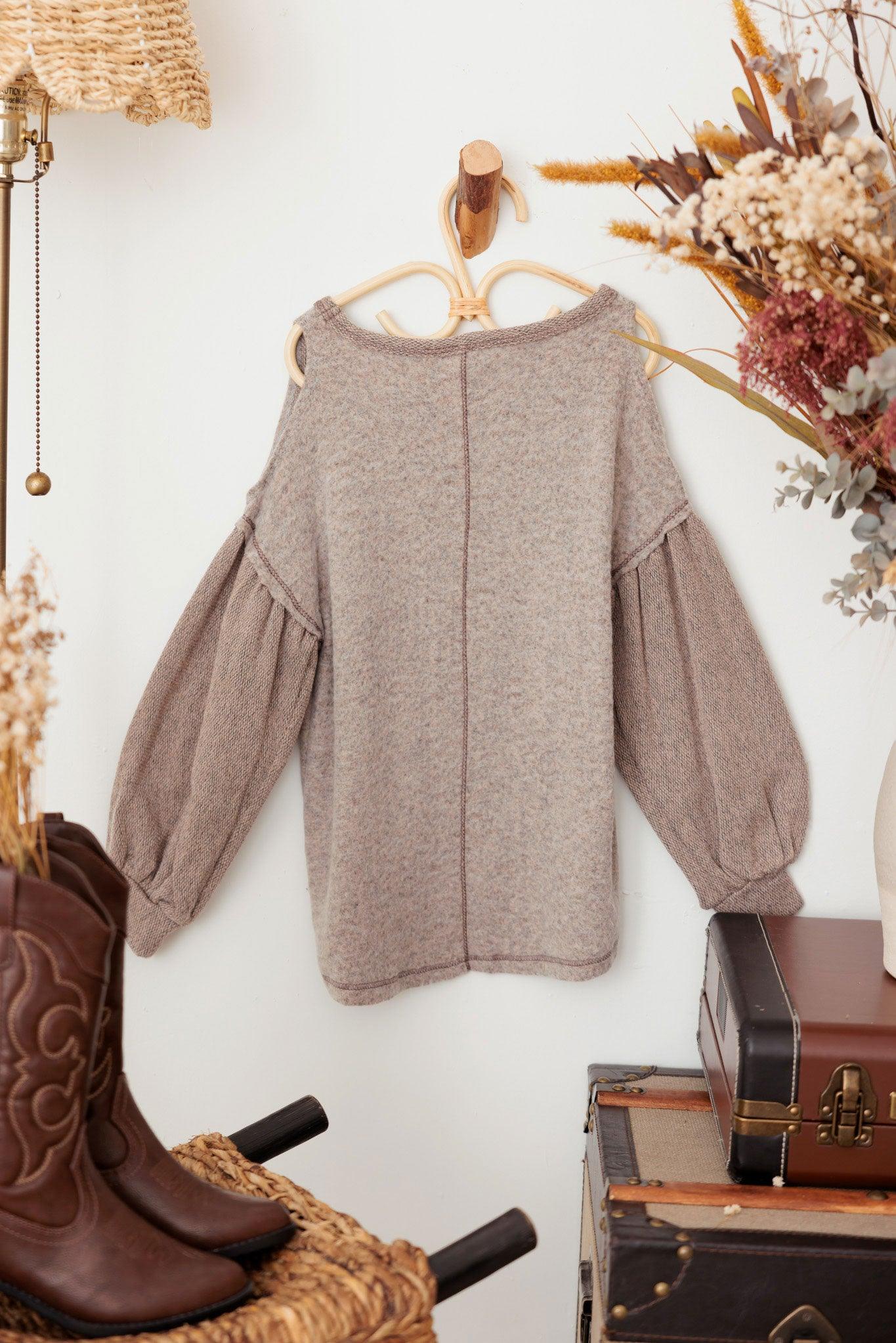 Girls Cold Shoulder Textured Ballon Sleeve Soft Sweater - Tasha Apparel Wholesale