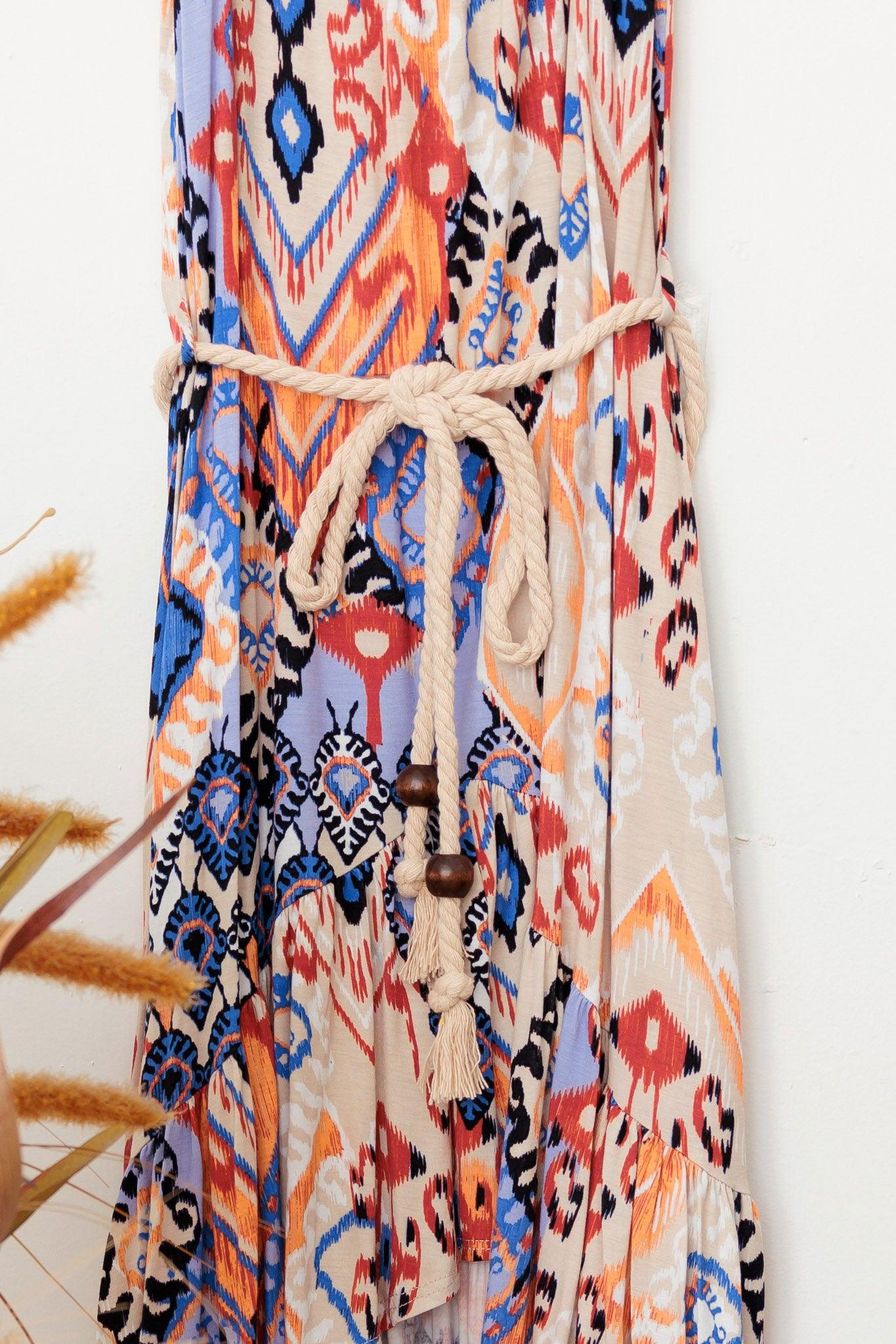 Girls Belted Asymmetric Tribal Print Sleeveless Dress - Tasha Apparel Wholesale