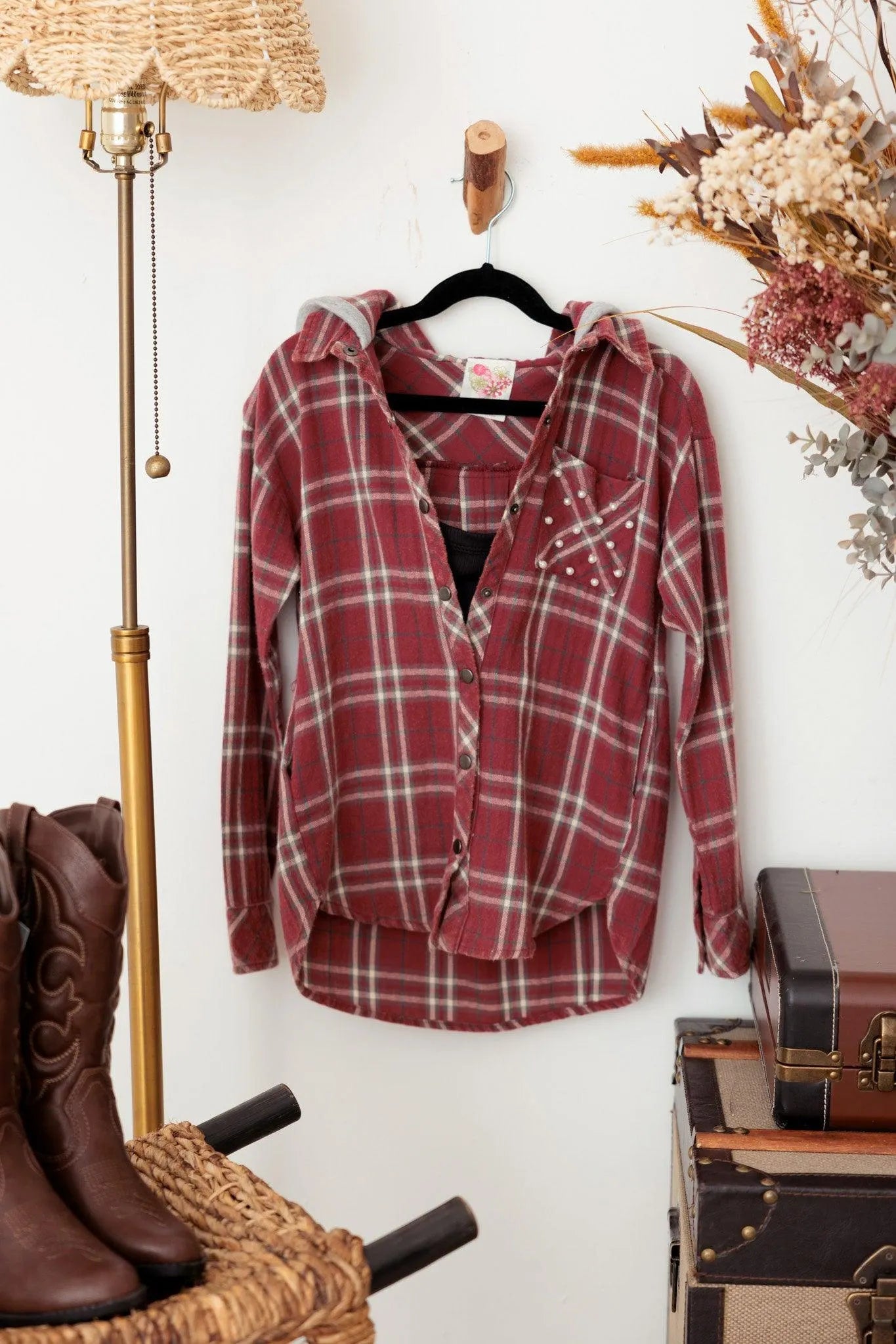 Girls Oversize Hooded Checkered Pearl Detail Shirt Top - Tasha Apparel Wholesale