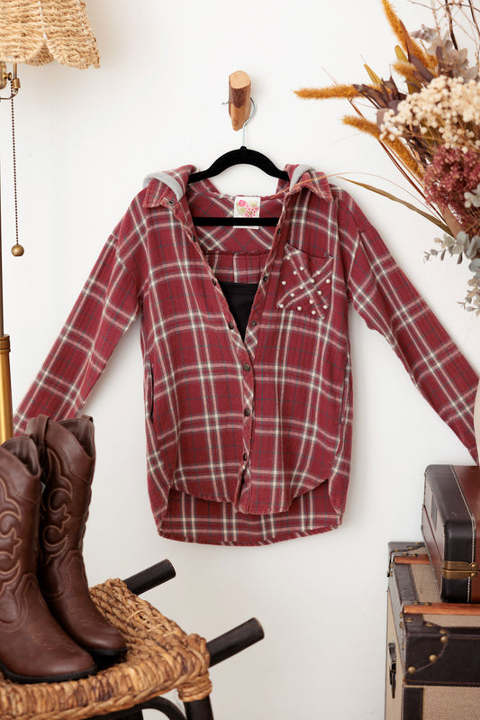 Girls Oversize Hooded Checkered Pearl Detail Shirt Top