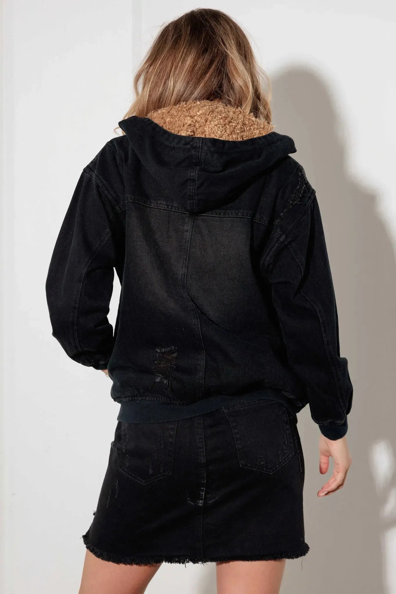 Black Denim Jacket With Hoodie Women's Black Sherpa-Lined