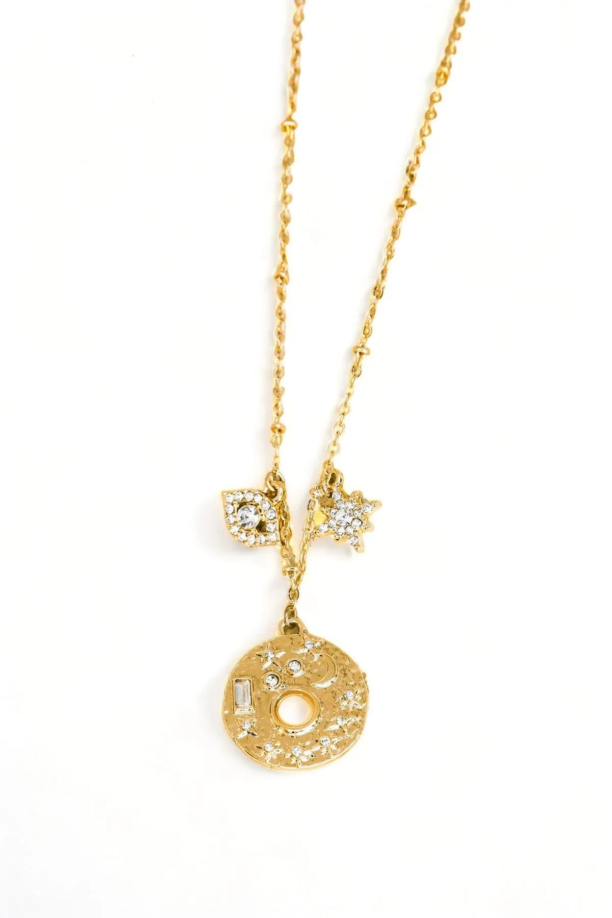 Gold Moon Star Evil Eye Rhinestone Pendent Necklace - Tasha Apparel Wholesale