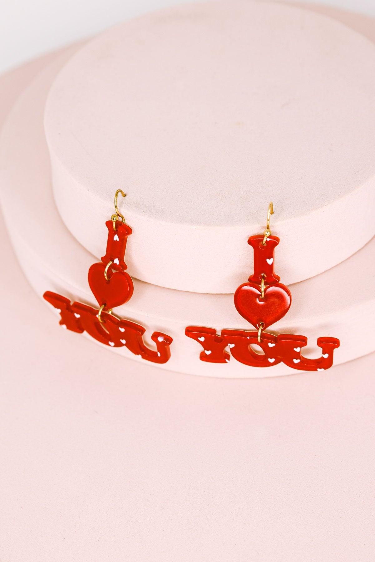 Glossy Acrylic "I Love You" Valentines Drop Earrings - Tasha Apparel Wholesale