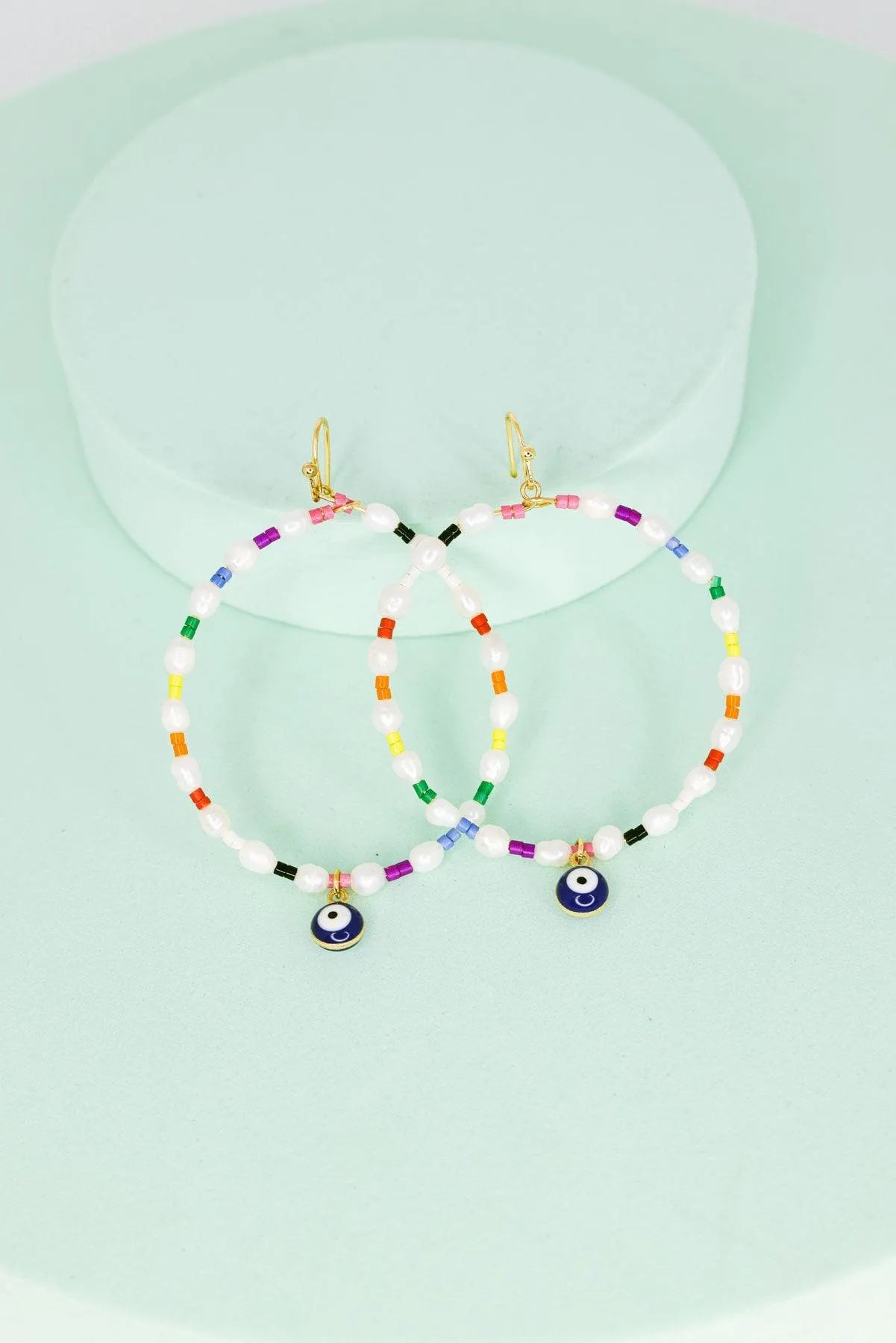 Evil Eye Stone Pearl With Seed Beads Metal Hoop Earrings - Tasha Apparel Wholesale
