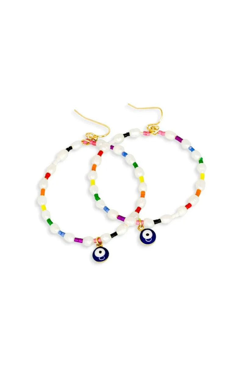 Evil Eye Stone Pearl With Seed Beads Metal Hoop Earrings - Tasha Apparel Wholesale