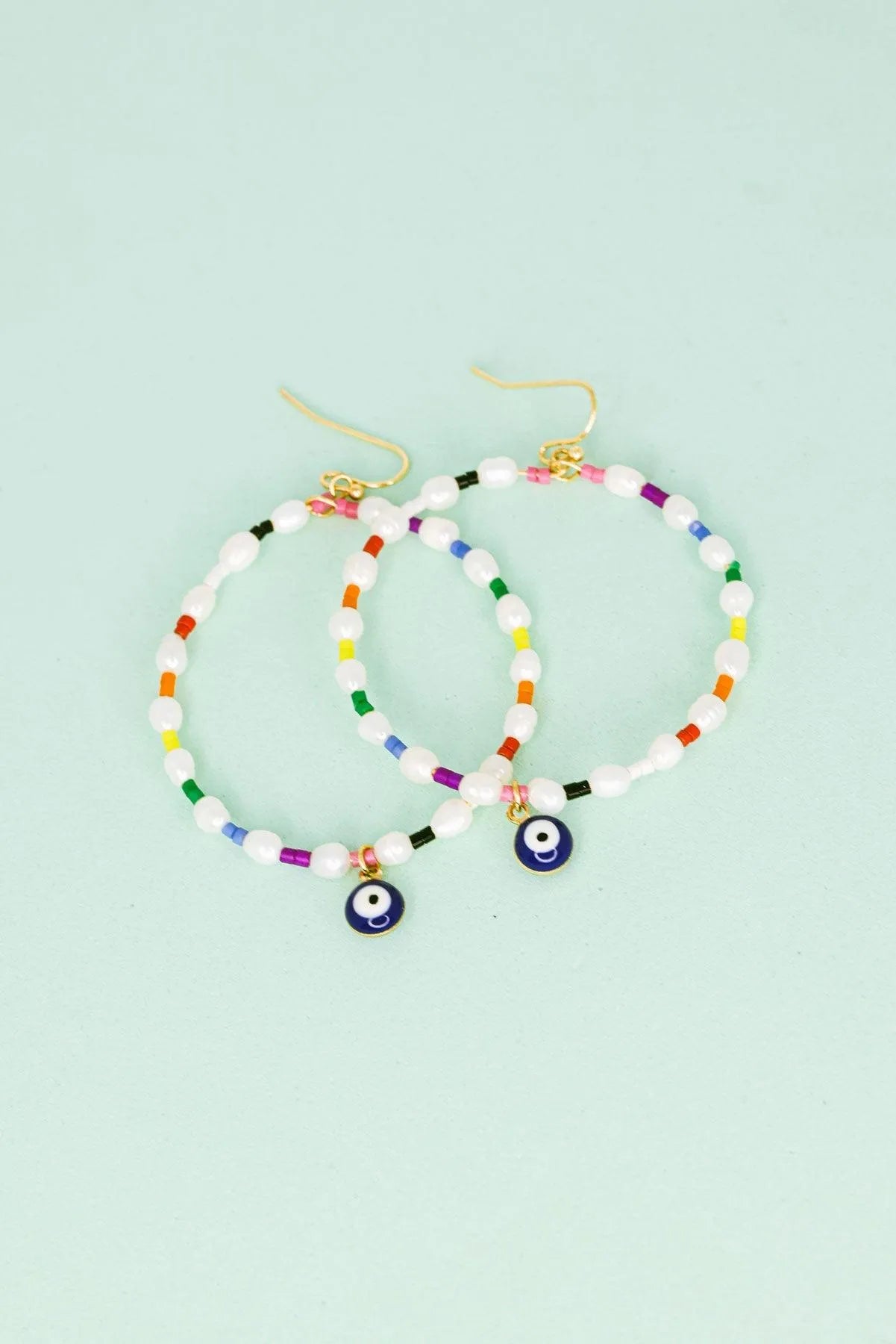 Evil Eye Stone Pearl With Seed Beads Metal Hoop Earrings - Tasha Apparel Wholesale