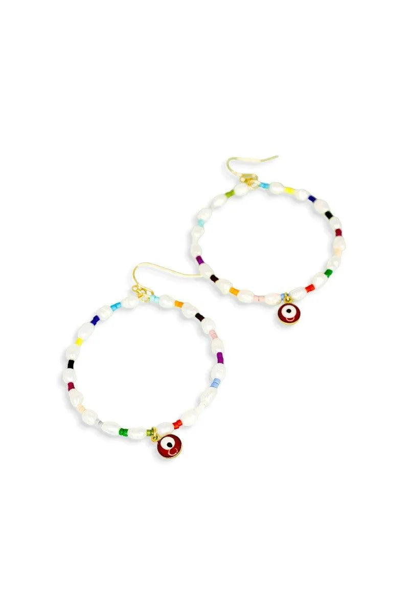 Evil Eye Stone Pearl With Seed Beads Metal Hoop Earrings - Tasha Apparel Wholesale