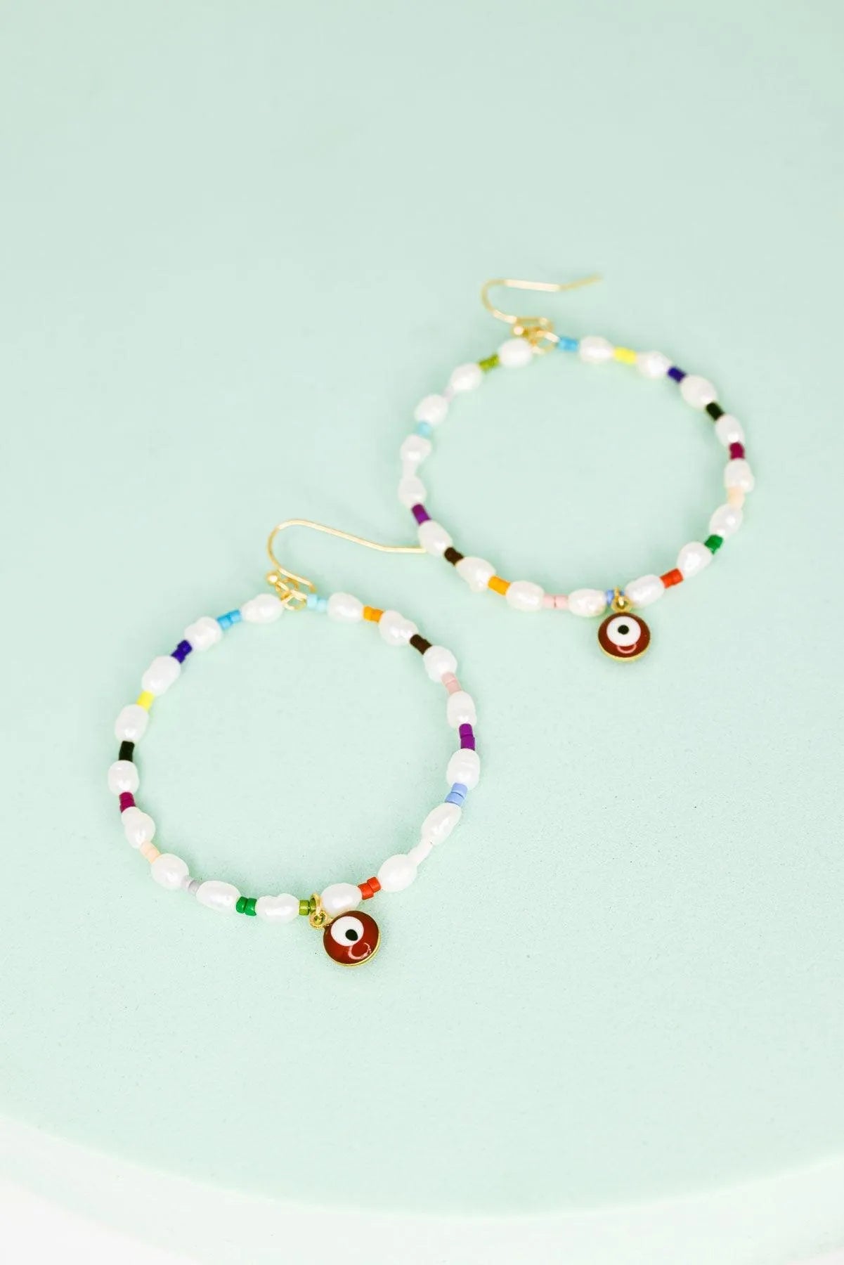 Evil Eye Stone Pearl With Seed Beads Metal Hoop Earrings - Tasha Apparel Wholesale