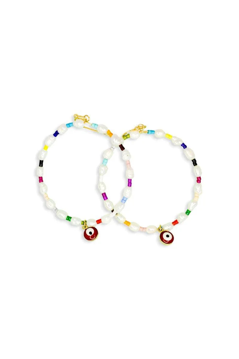 Evil Eye Stone Pearl With Seed Beads Metal Hoop Earrings - Tasha Apparel Wholesale