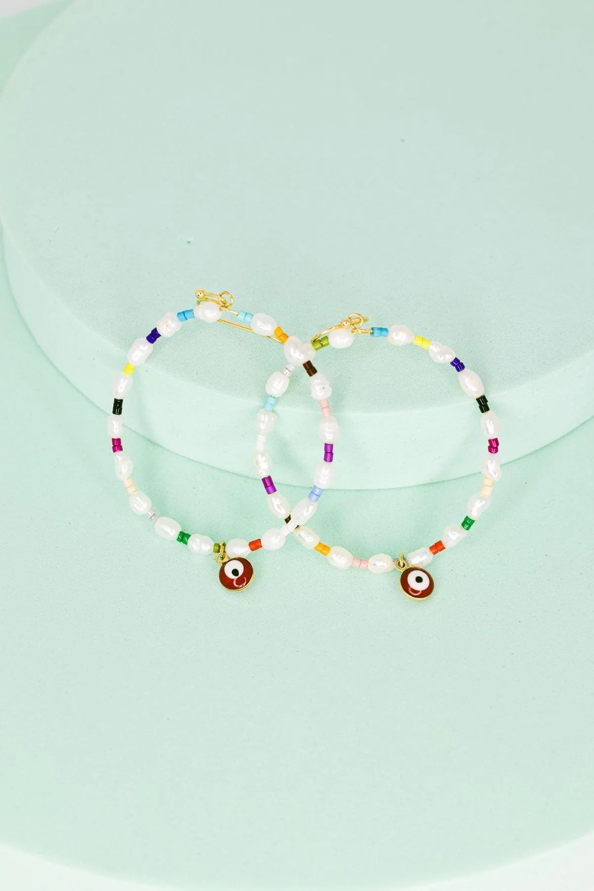 Evil Eye Stone Pearl With Seed Beads Metal Hoop Earrings - Tasha Apparel Wholesale