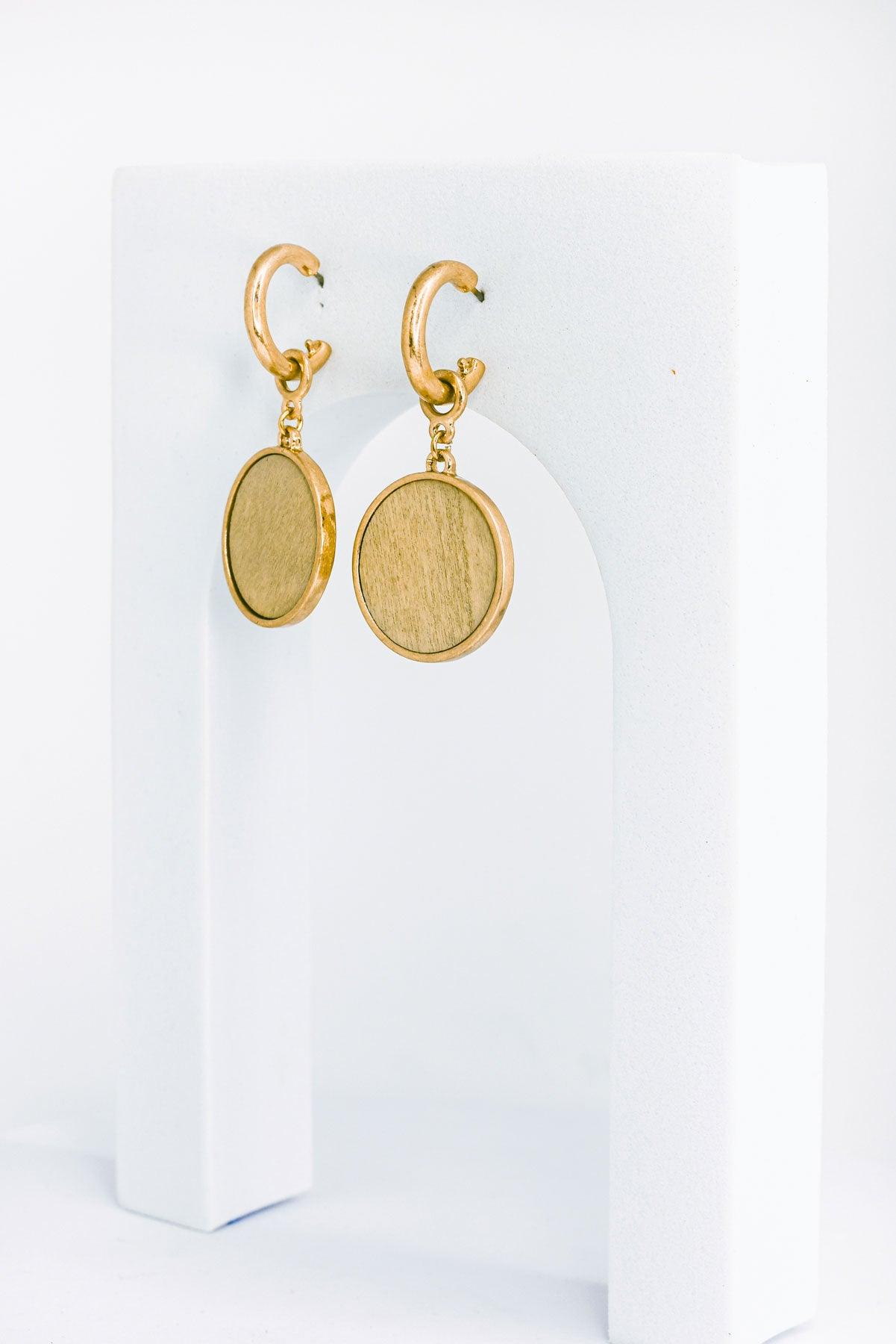 Solid Wooden Disc Round Drop Plated Earrings - Tasha Apparel Wholesale