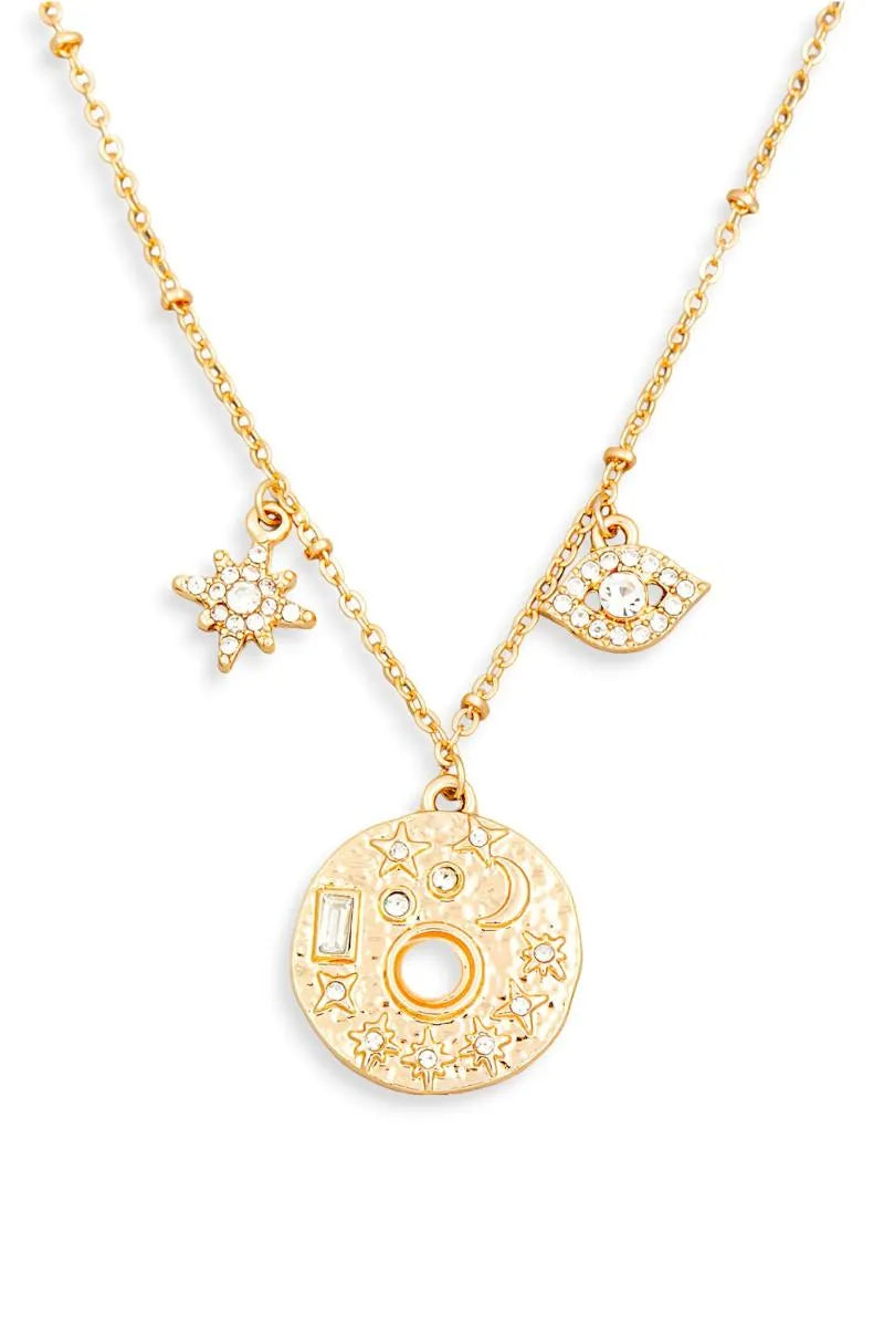 Gold Moon Star Evil Eye Rhinestone Pendent Necklace - Tasha Apparel Wholesale