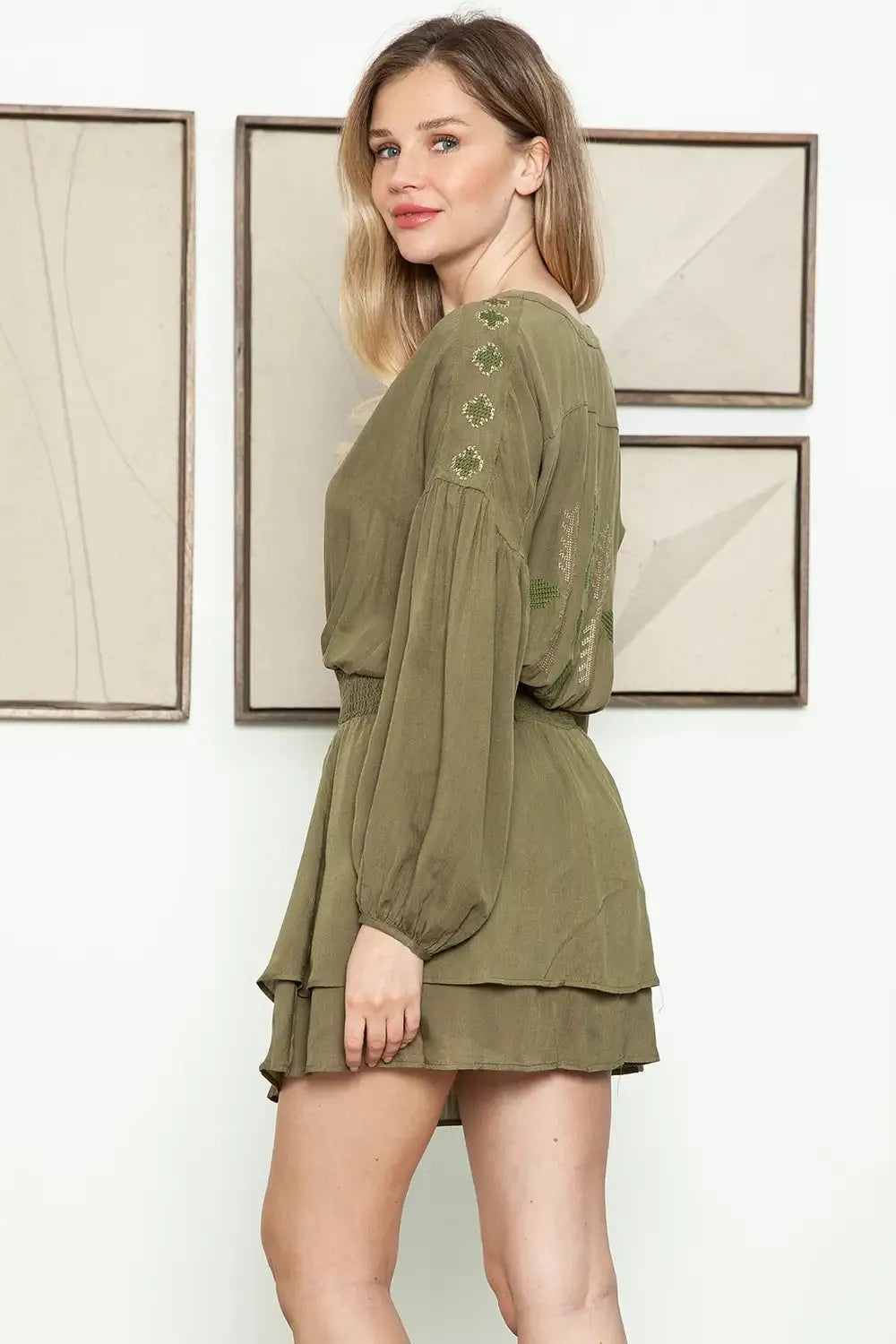 Boho Western Long Sleeve Embroidered Back Front Button Tiered Mini Dre