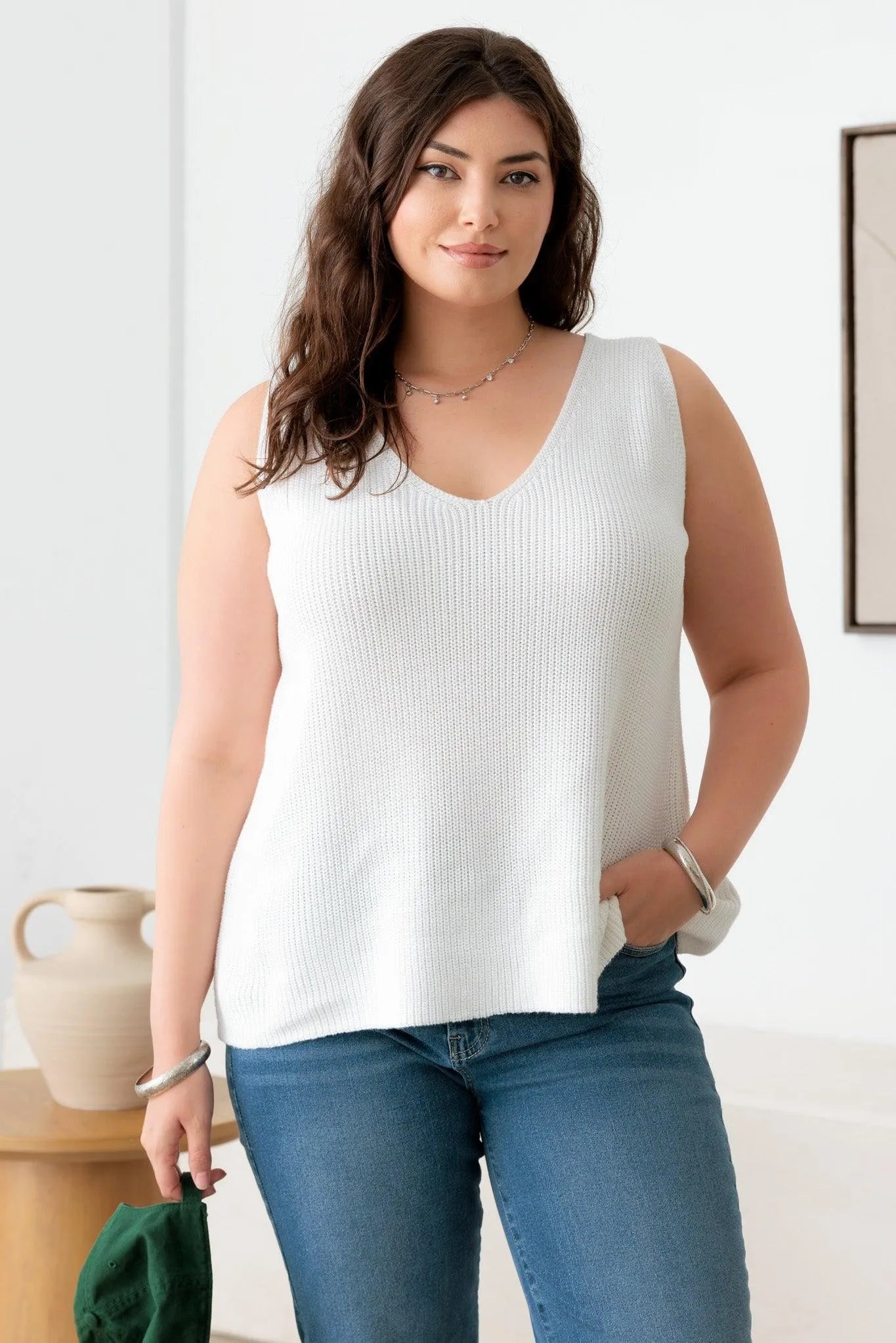 Plus Size Sleeveless V-Neck Knit Sweater Top - Tasha Apparel Wholesale