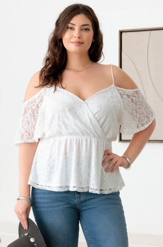 Ivory Lace Off-The-Shoulder Wrap V-Neck Plus Size Top - Tasha Apparel Wholesale