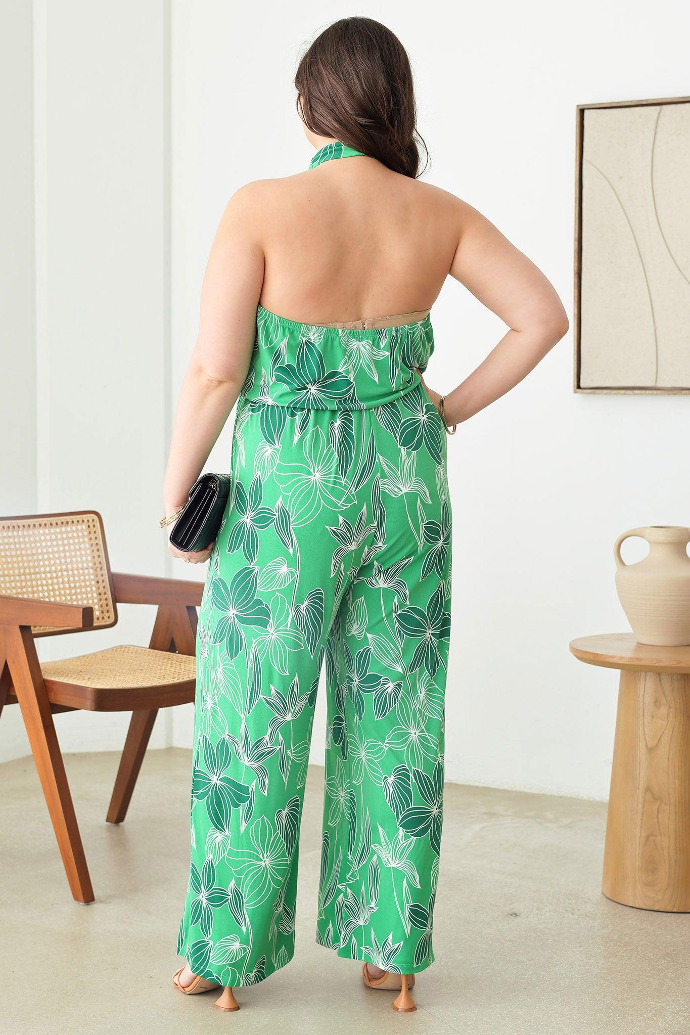 Plus Size Leaf Print Sleeveless Halter Jumpsuits - Tasha Apparel Wholesale