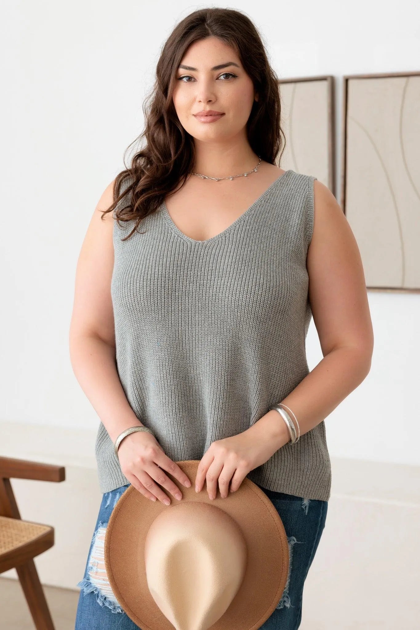 Plus Size Sleeveless V-Neck Knit Sweater Top - Tasha Apparel Wholesale