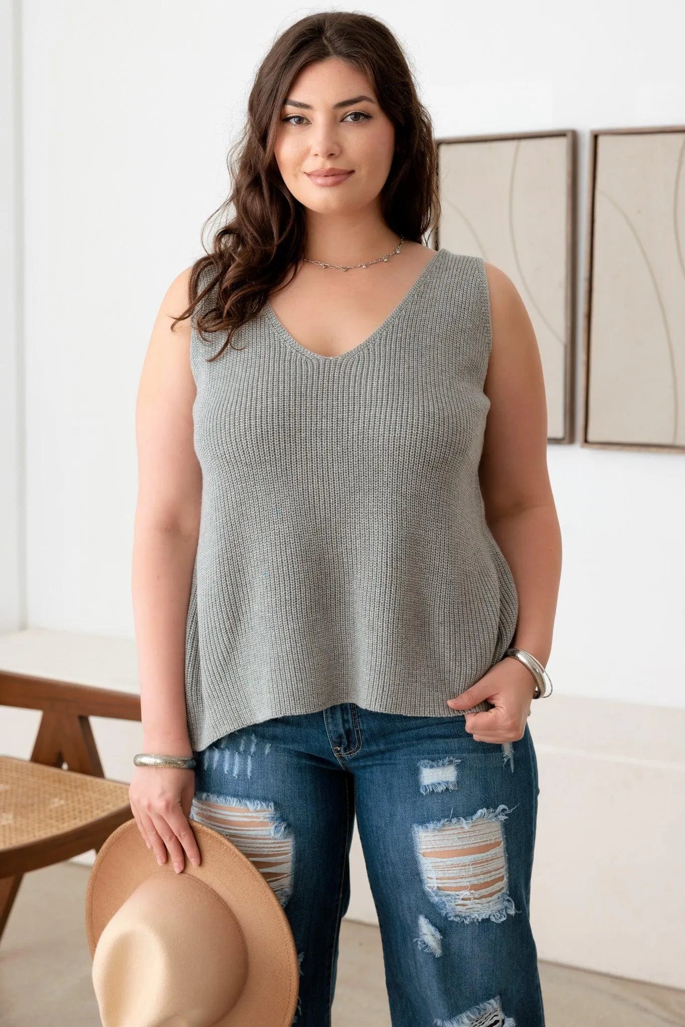 Plus Size Sleeveless V-Neck Knit Sweater Top - Tasha Apparel Wholesale