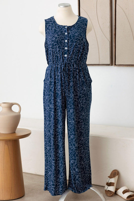 Plus Size Floral Drawstring Button Down Jumpsuit - Tasha Apparel Wholesale