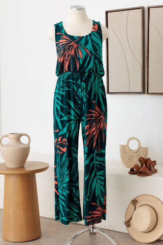 Plus Size Sleeveless All over Print Criss Cross Open Back Jumpsuit - Tasha Apparel Wholesale