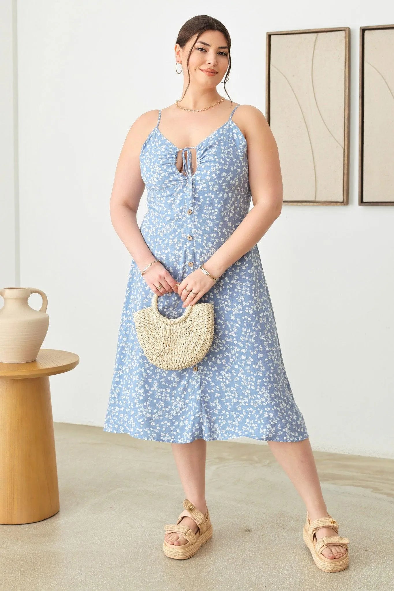 Plus Size Boho Floral Buttoned Flowy Midi Dress
