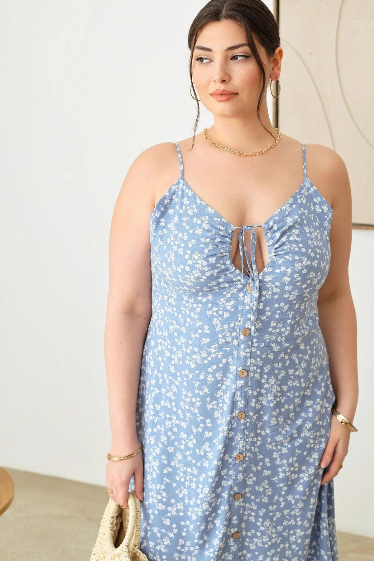 Plus Size Boho Floral Buttoned Flowy Midi Dress - Tasha Apparel Wholesale