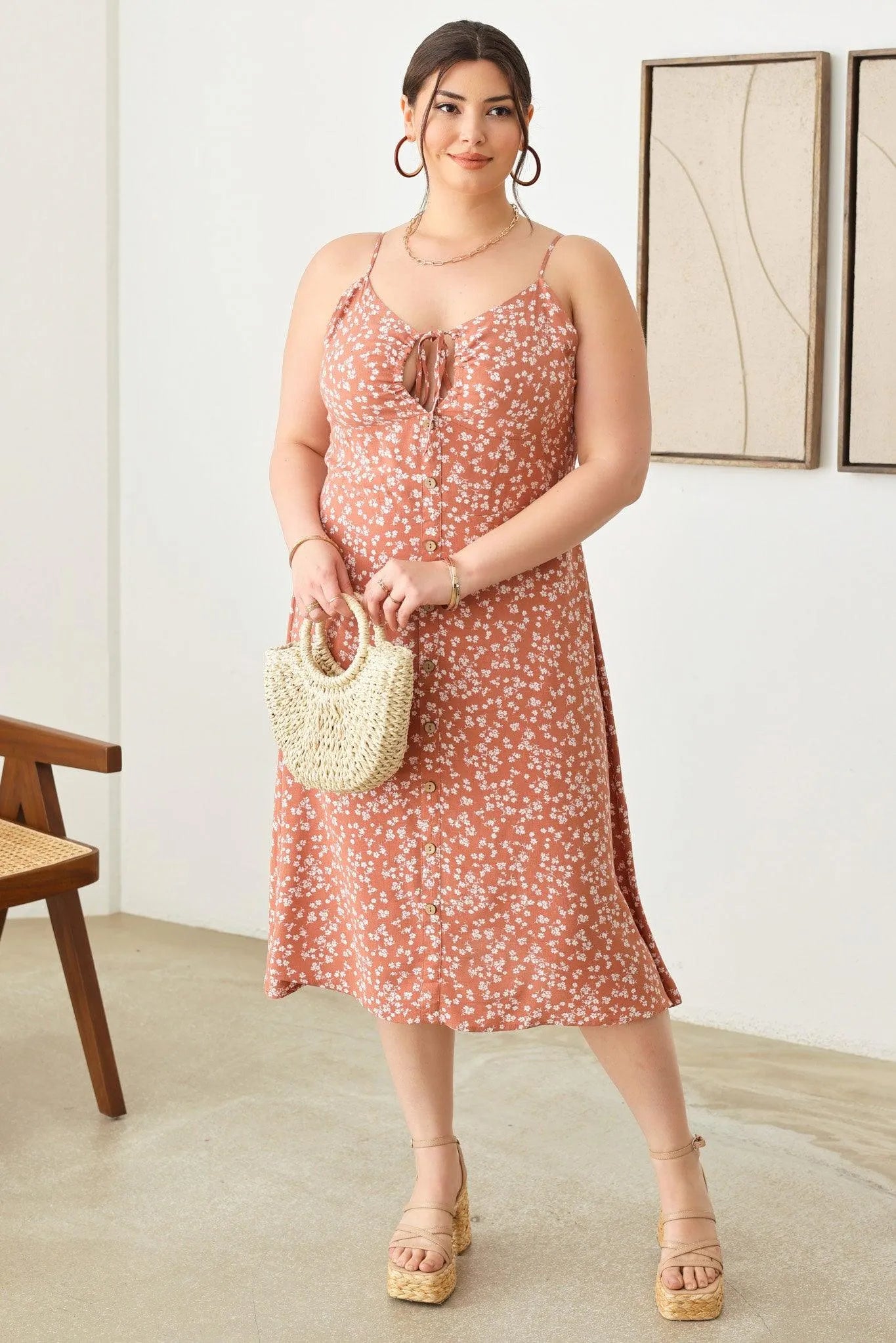 Plus Size Boho Floral Buttoned Flowy Midi Dress