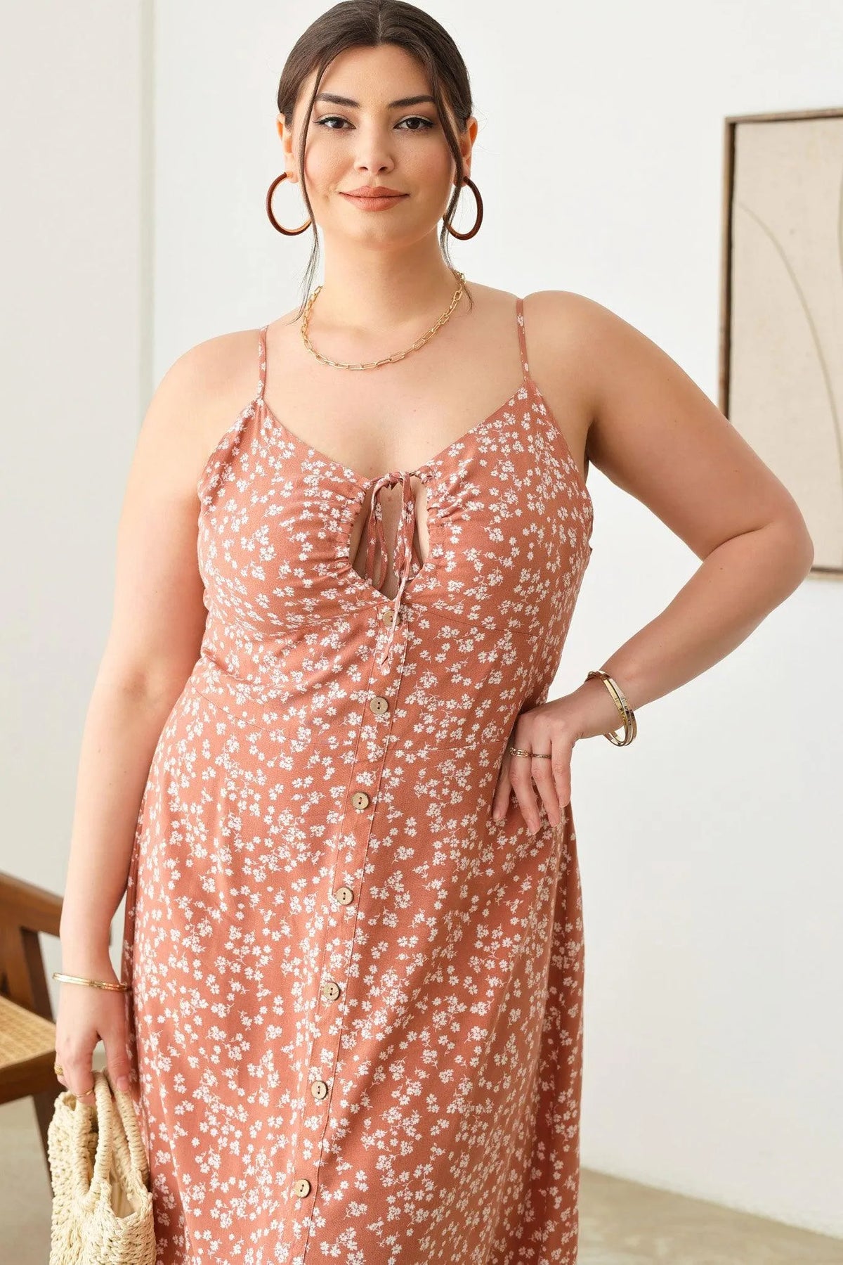 Plus Size Boho Floral Buttoned Flowy Midi Dress - Tasha Apparel Wholesale