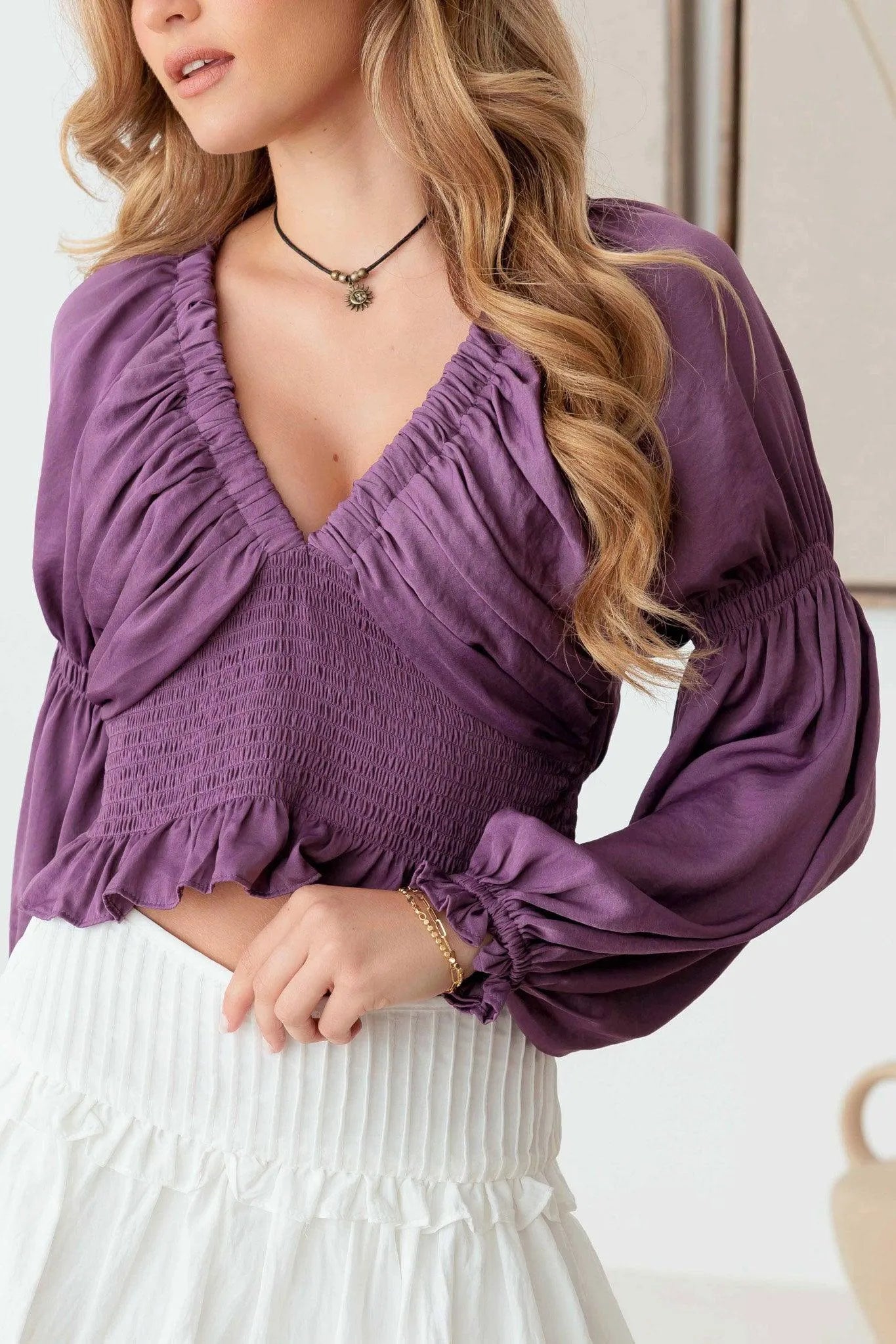 Puff Long Sleeve Smocked V-Neck Back Tie Crop Satin Top - Tasha Apparel Wholesale