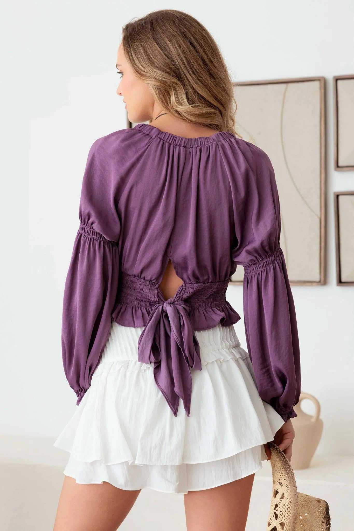 Puff Long Sleeve Smocked V-Neck Back Tie Crop Satin Top - Tasha Apparel Wholesale