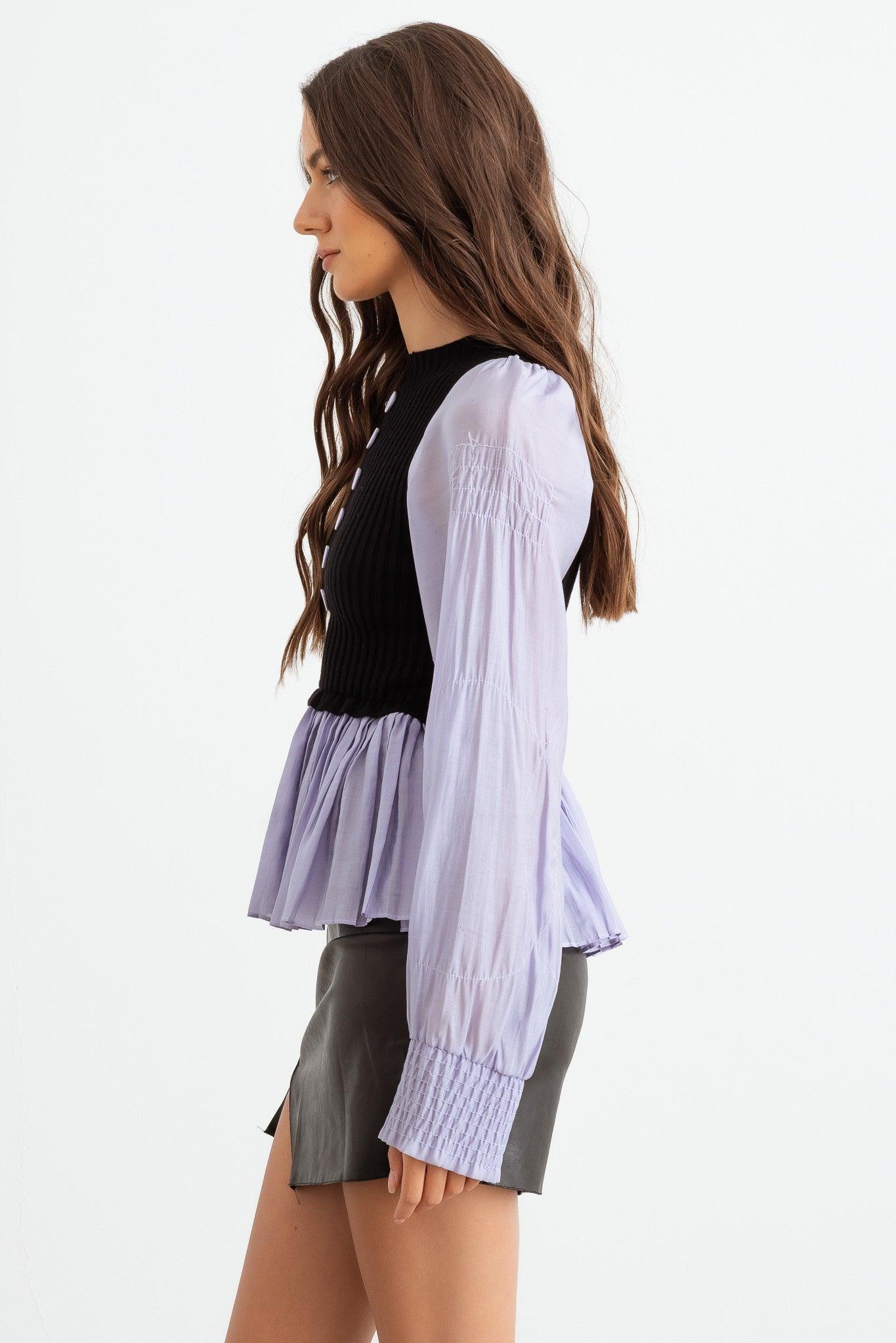 Lilac & Black Ribbed Bodice Button-Up Pleated Hem Shirt side